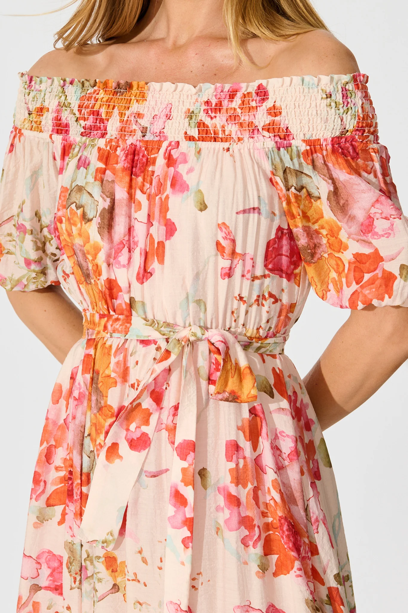 Fotini Off the Shoulder Dress in Blush with Tangerine Floral - Image 5