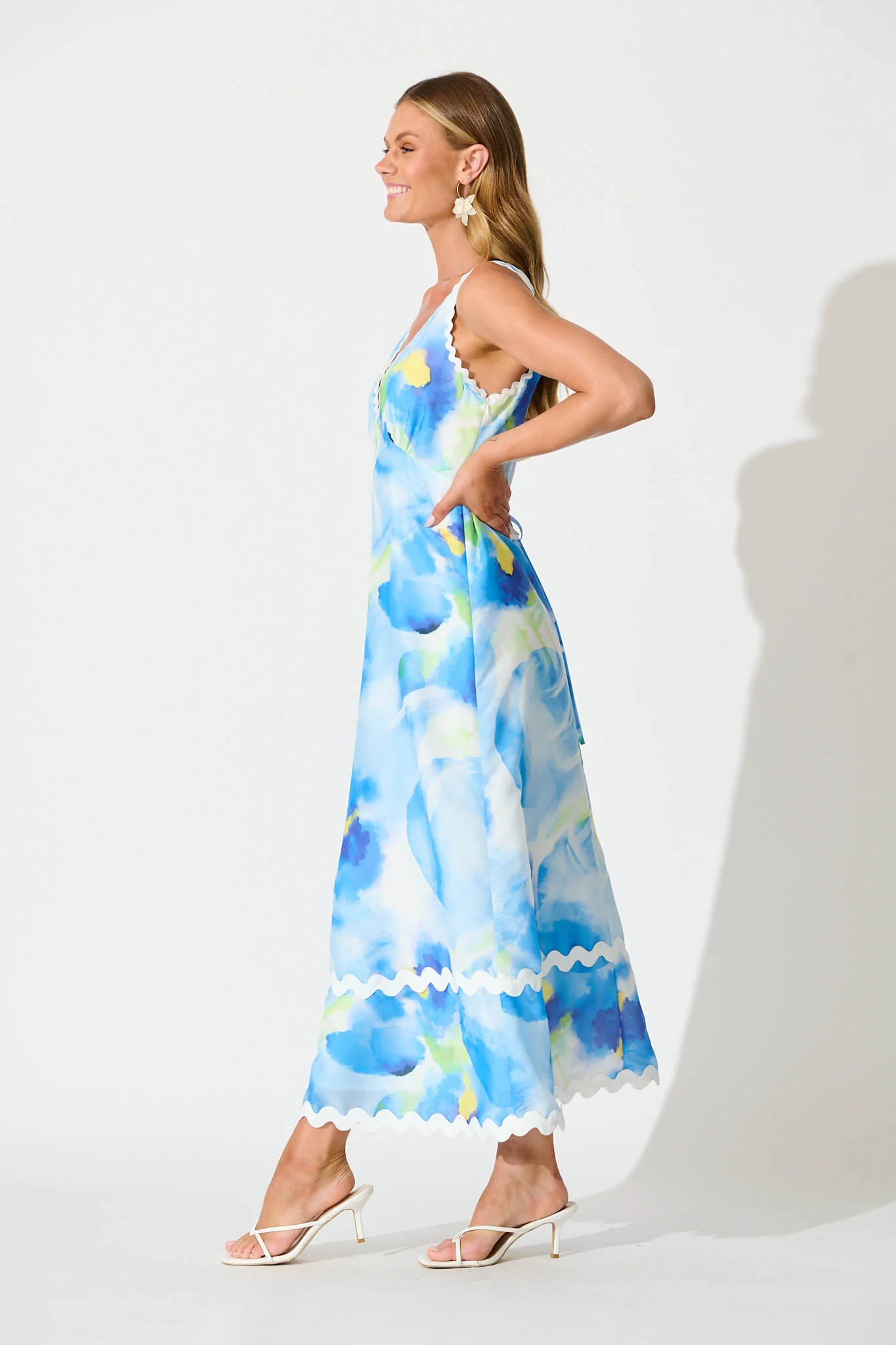 Franca Maxi Dress In Blue Watercolour with Ric Rac Trim - Image 3