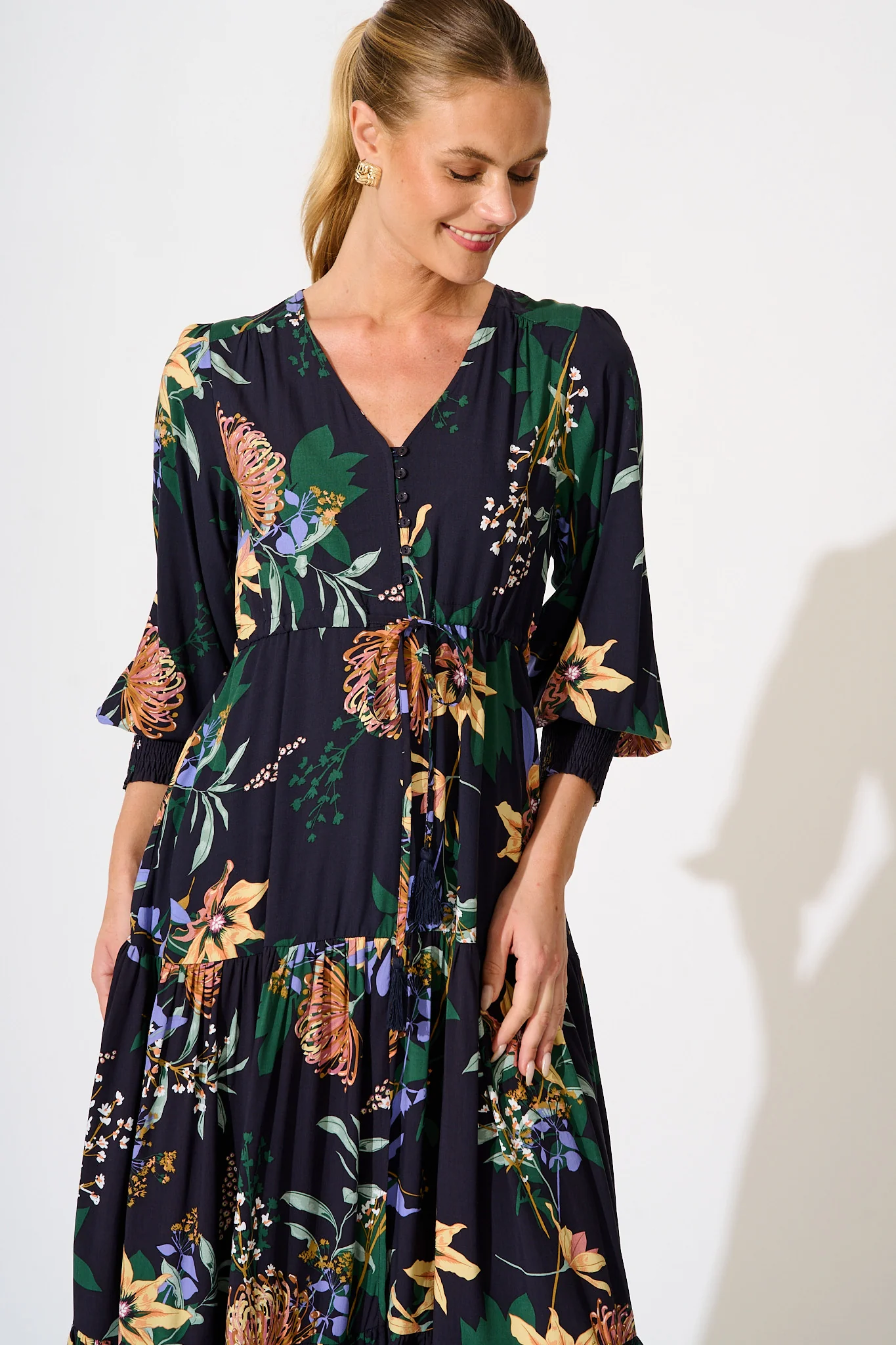 Francis Midi Dress in Navy with Multi Floral - Image 2