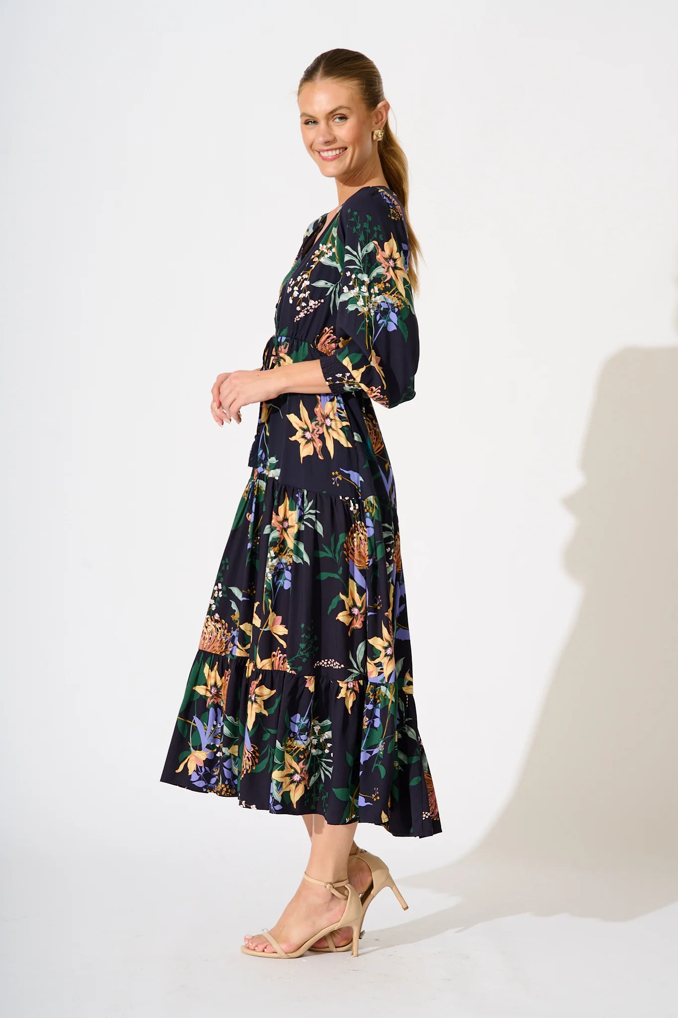 Francis Midi Dress in Navy with Multi Floral - Image 3