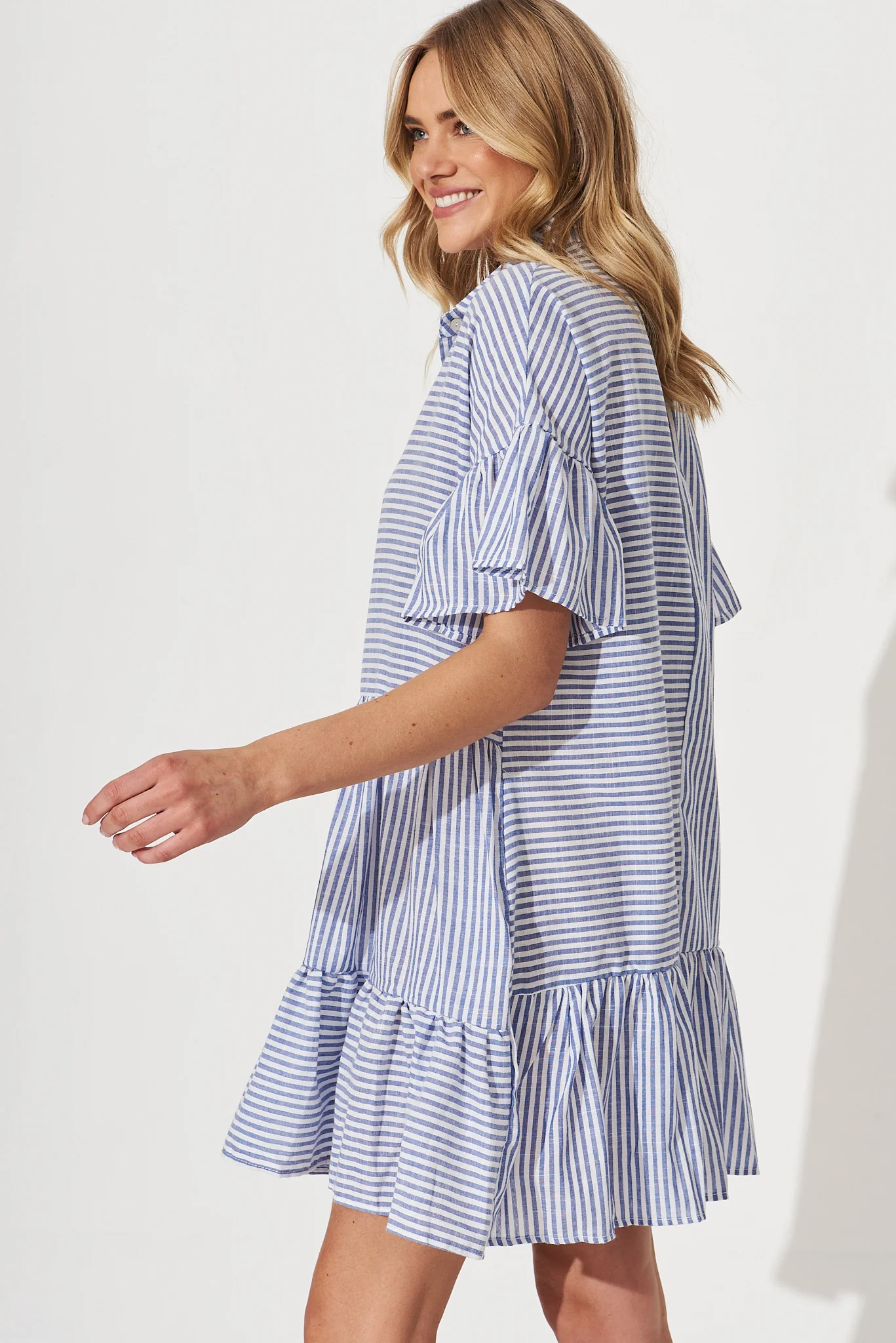 Freya Shirt Dress In Navy With White Stripe Cotton - Image 3