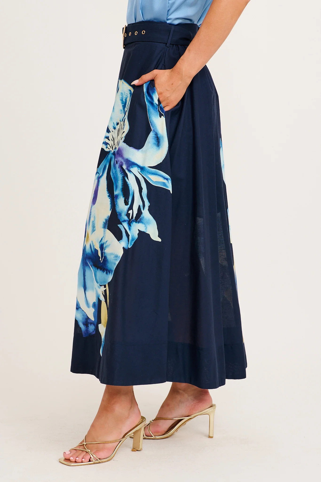 From The Heart Maxi Skirt in Navy with Blue Floral Cotton - Image 2