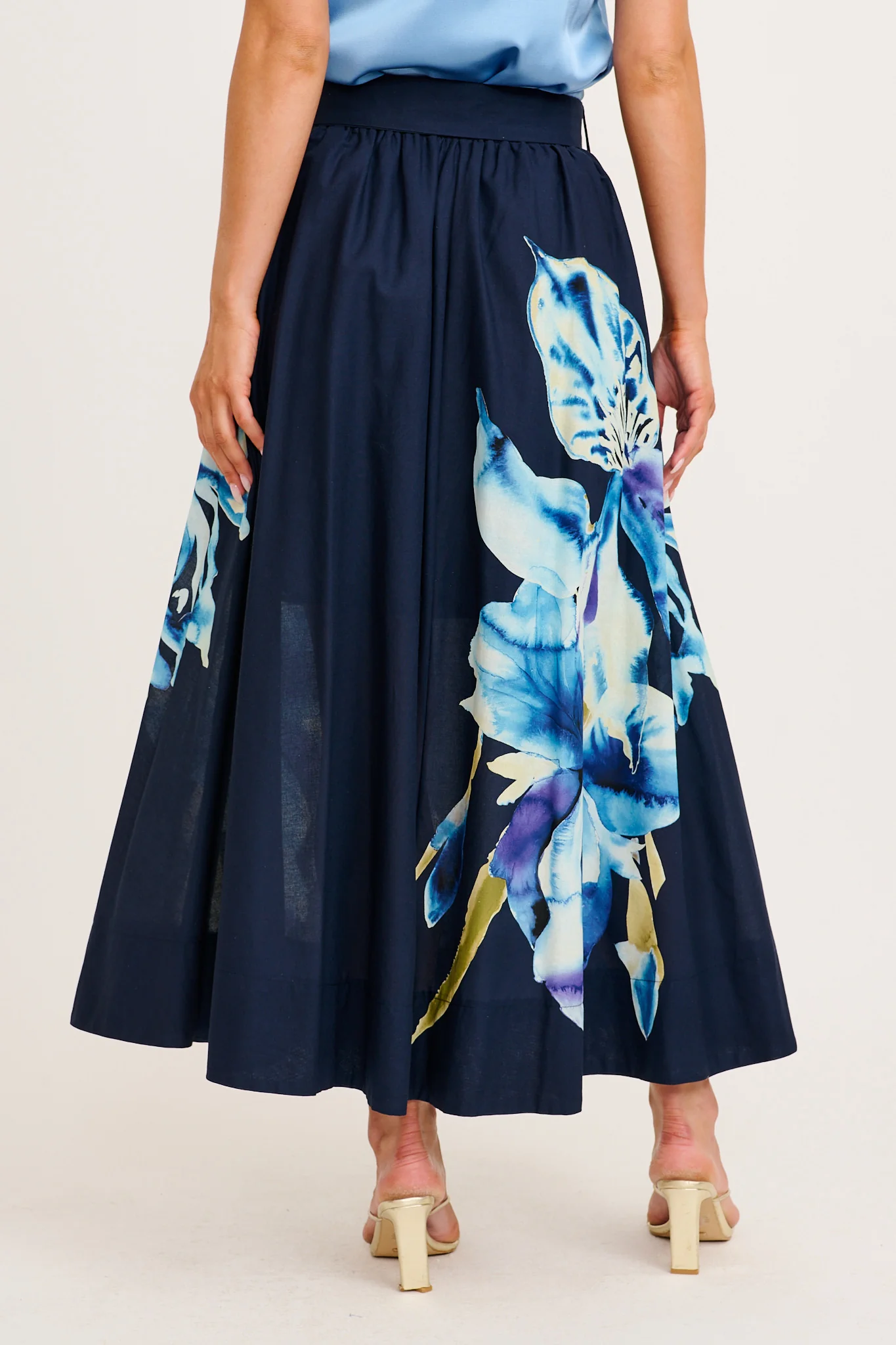 From The Heart Maxi Skirt in Navy with Blue Floral Cotton - Image 3