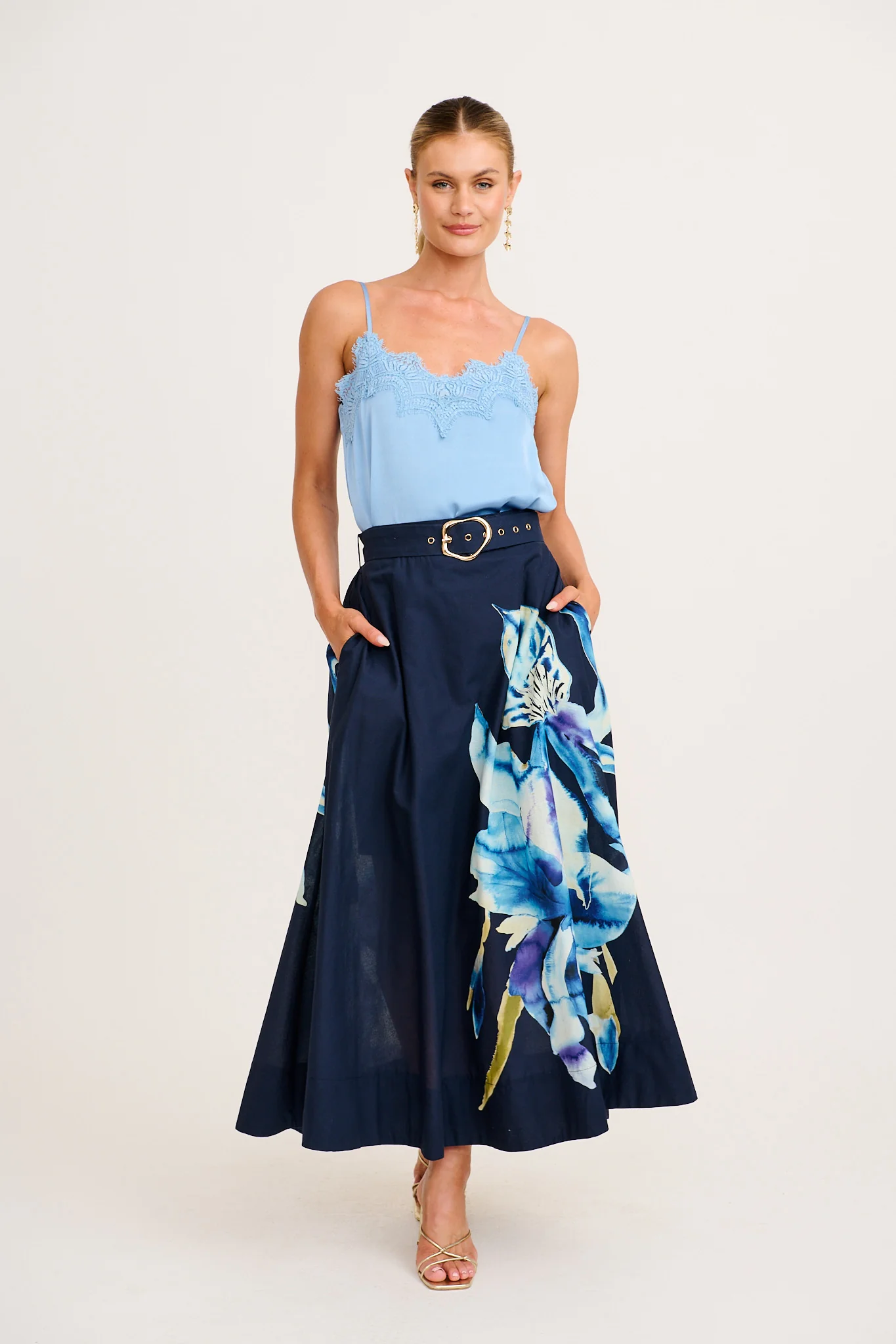 From The Heart Maxi Skirt in Navy with Blue Floral Cotton - Image 4