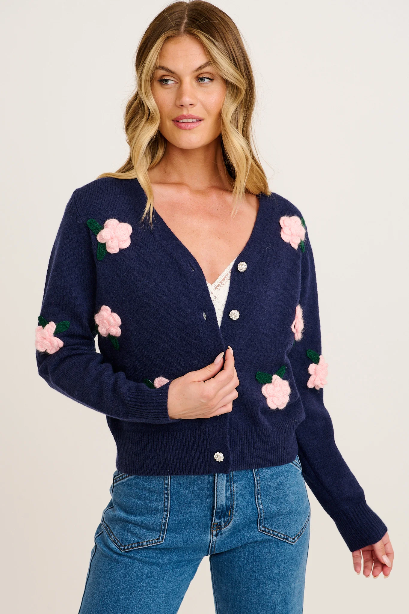 Fuzzy Feeling Knit Cardigan in Navy with Pink Flower