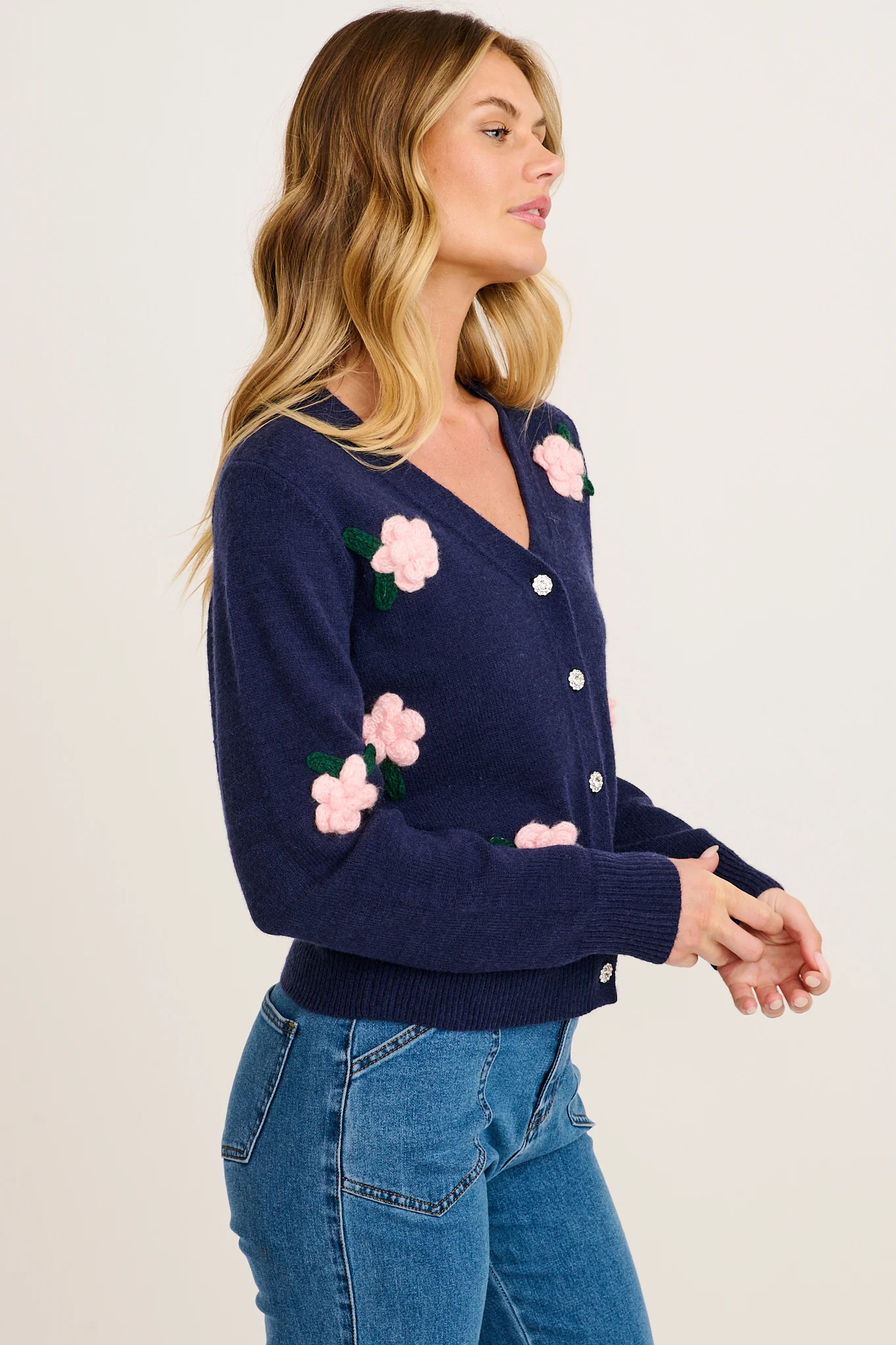 Fuzzy Feeling Knit Cardigan in Navy with Pink Flower - Image 2