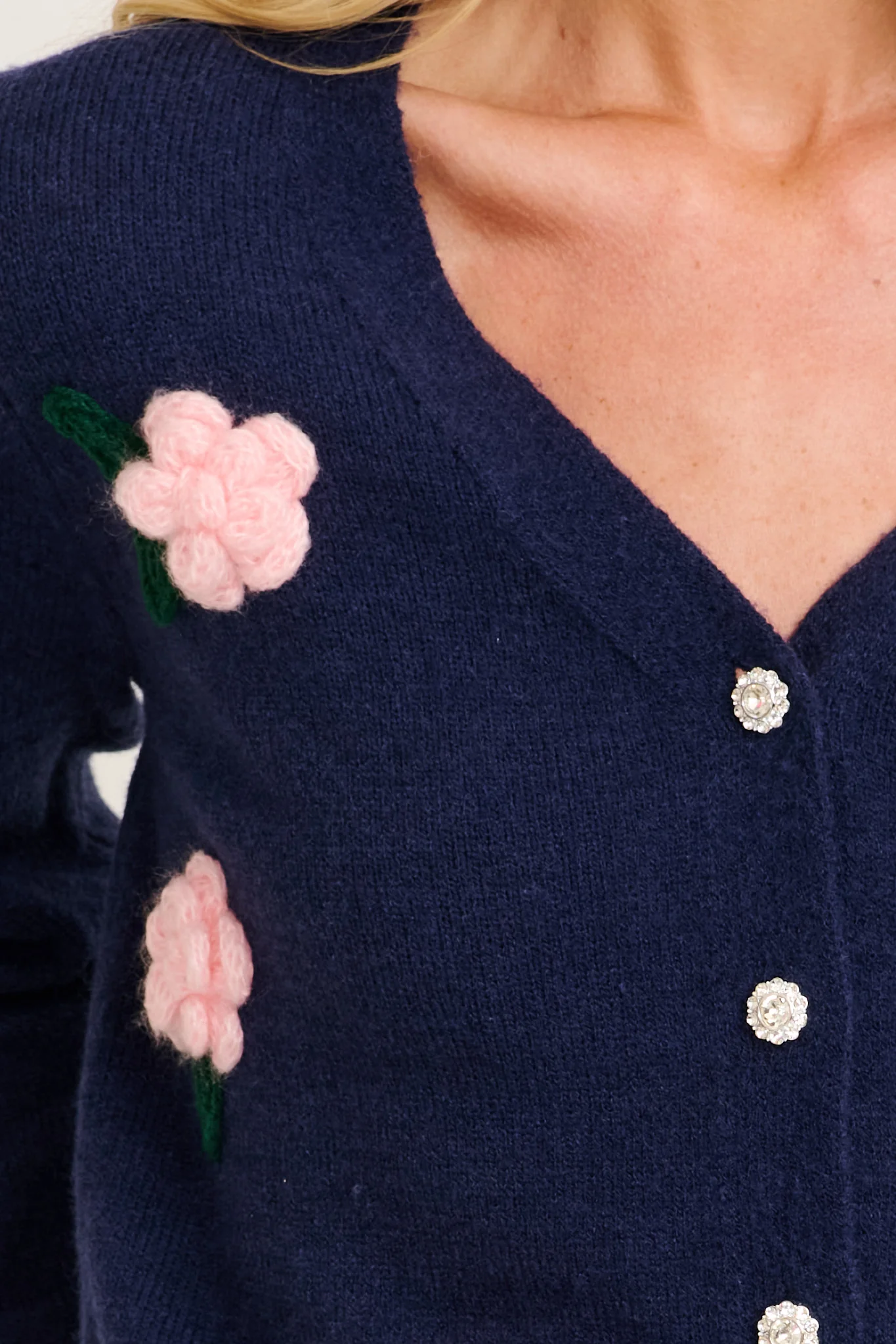 Fuzzy Feeling Knit Cardigan in Navy with Pink Flower - Image 5