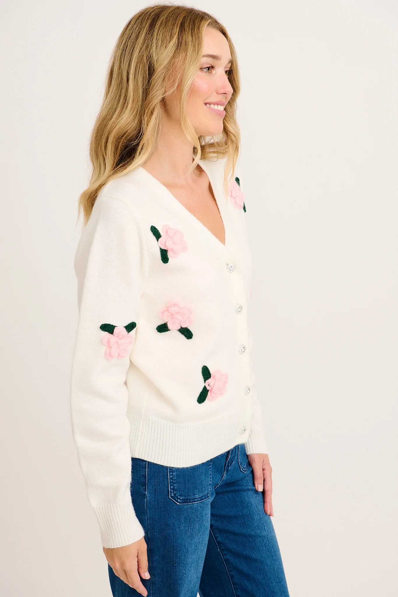 Fuzzy Feeling Knit Cardigan in White with Pink Flower - Image 6