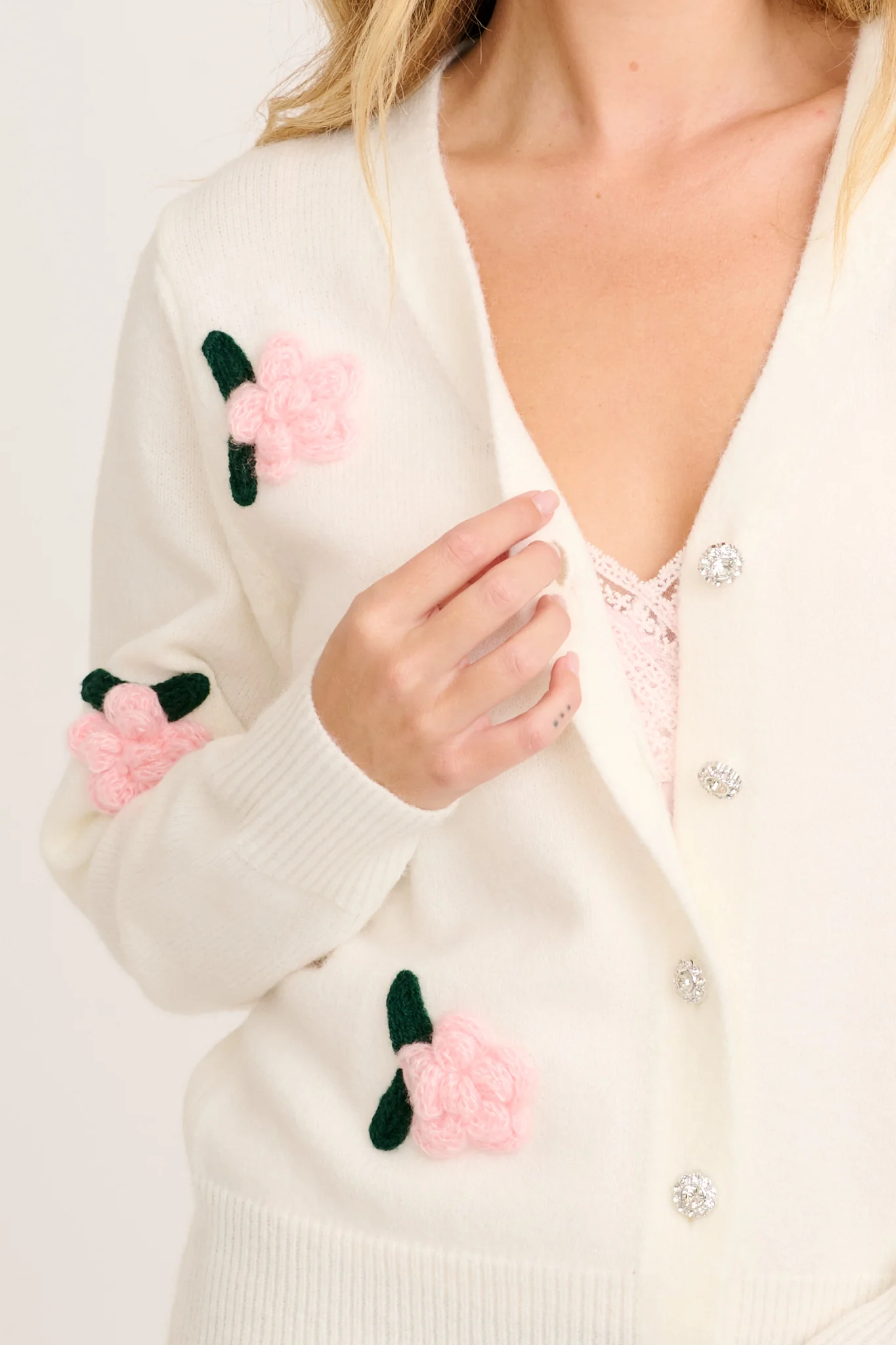 Fuzzy Feeling Knit Cardigan in White with Pink Flower - Image 9