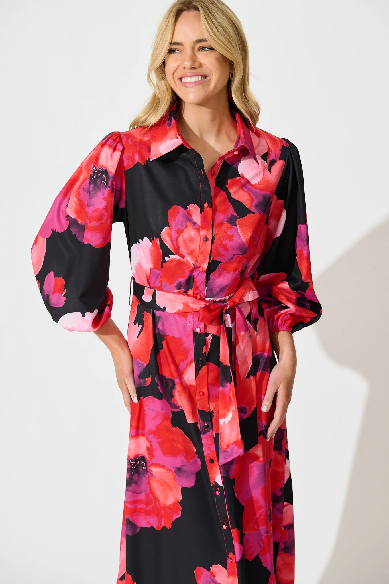 Gabi Maxi Shirt Dress In Black with Berry Watercolour Floral - Image 2