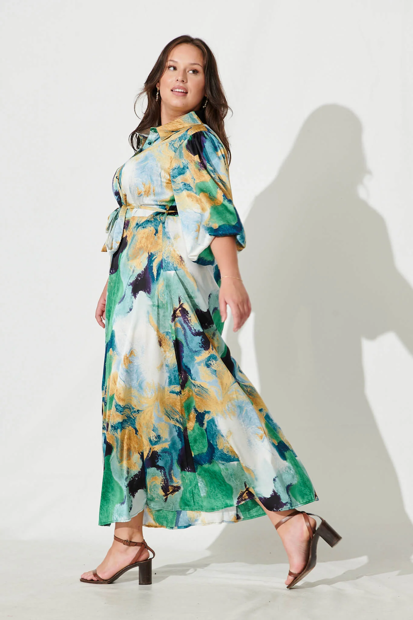 Gabi Maxi Shirt Dress In Blue Green Watercolour - Image 8