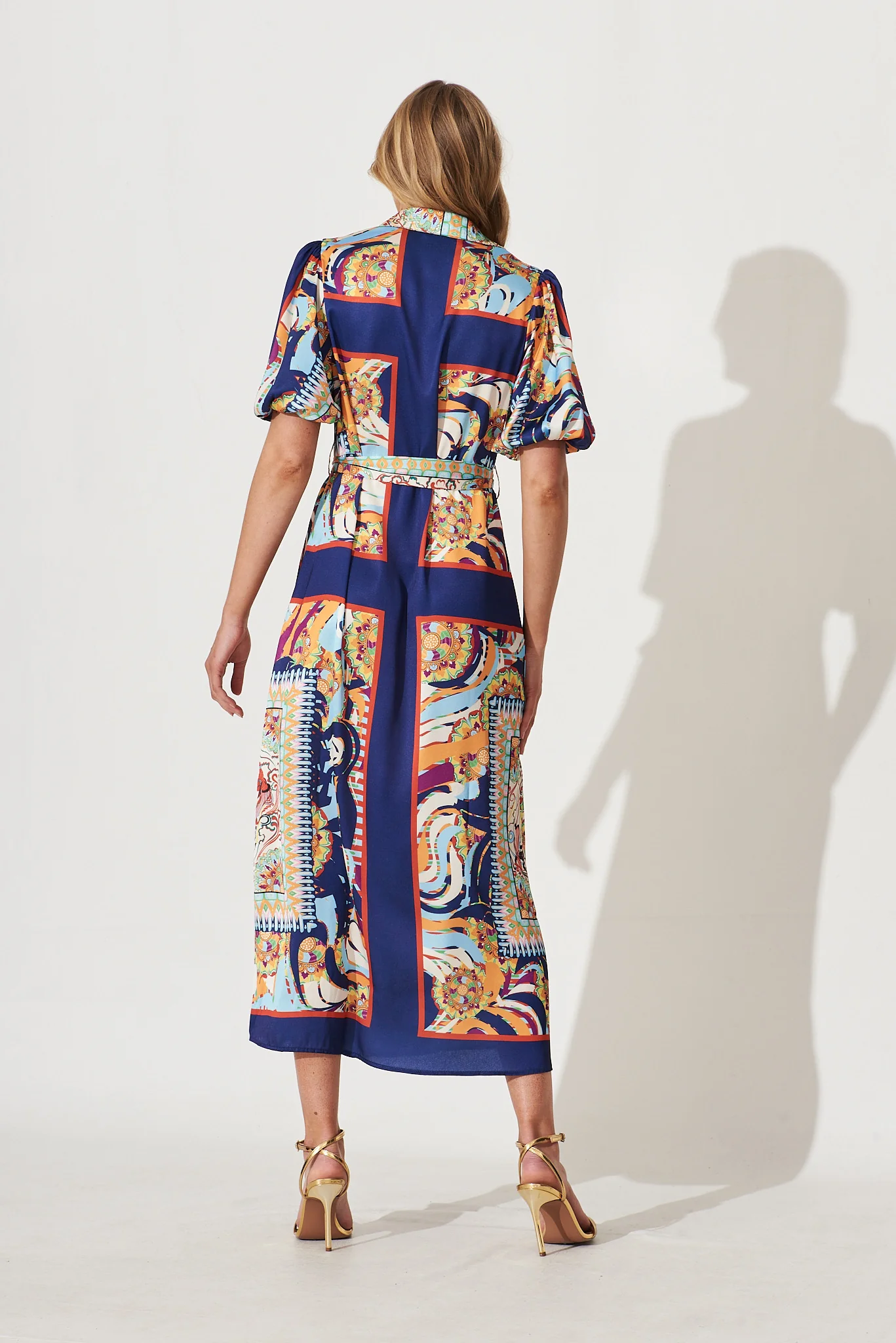 Gabriela Maxi Shirt Dress In Navy Multi Print Satin - Image 4
