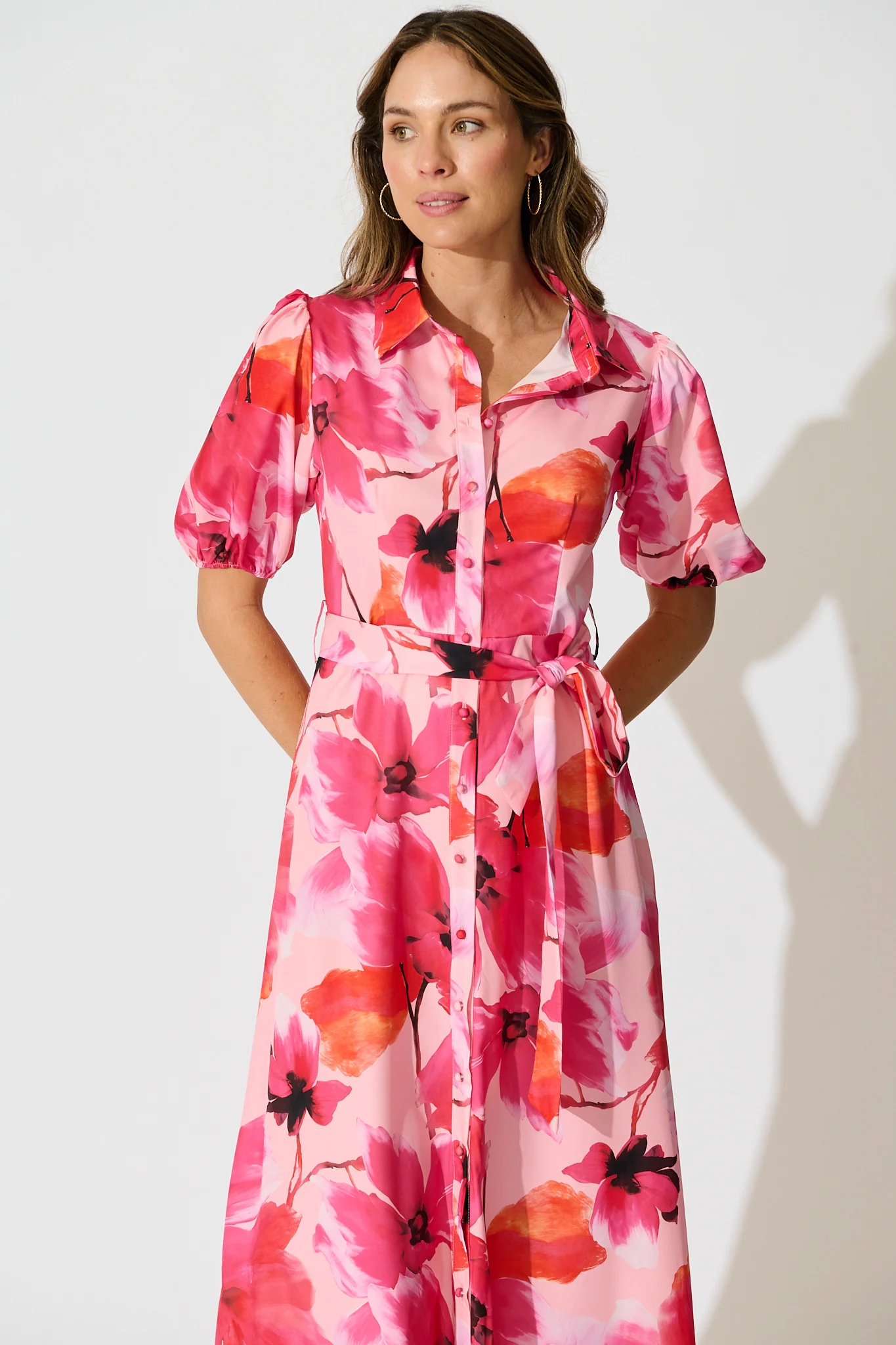 Gabriela Maxi Shirt Dress in Pink Floral Satin - Image 2