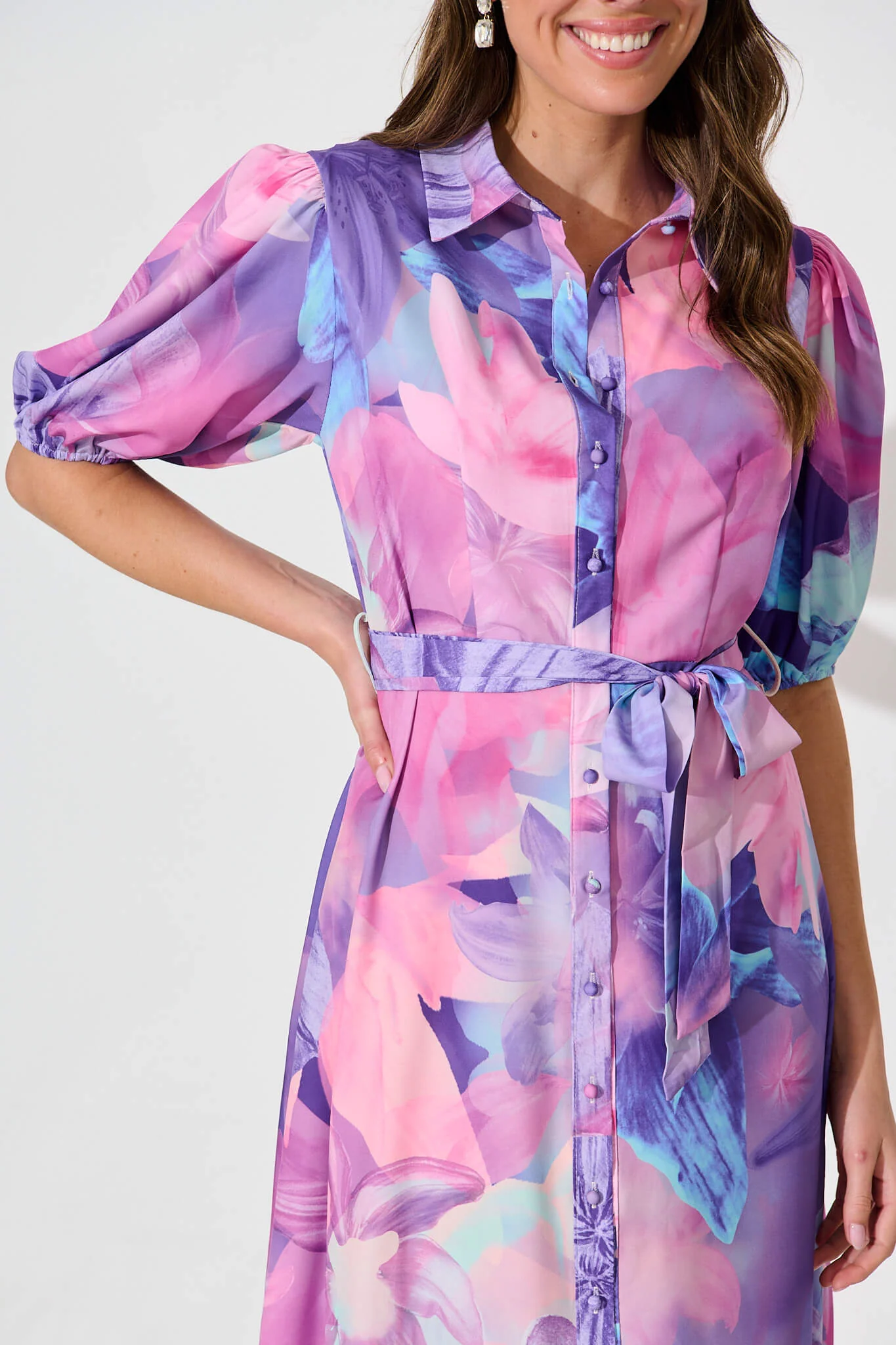 Gabriela Maxi Shirt Dress In Pink With Purple Floral - Image 5