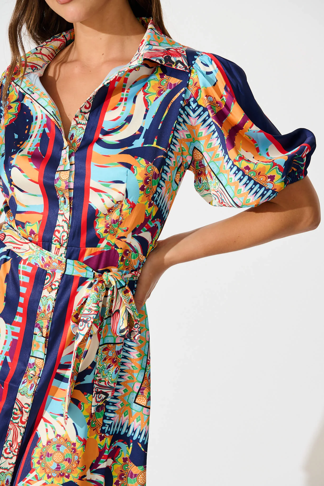 Gabrielino Shirt Dress In Navy Multi Print Satin - Image 5