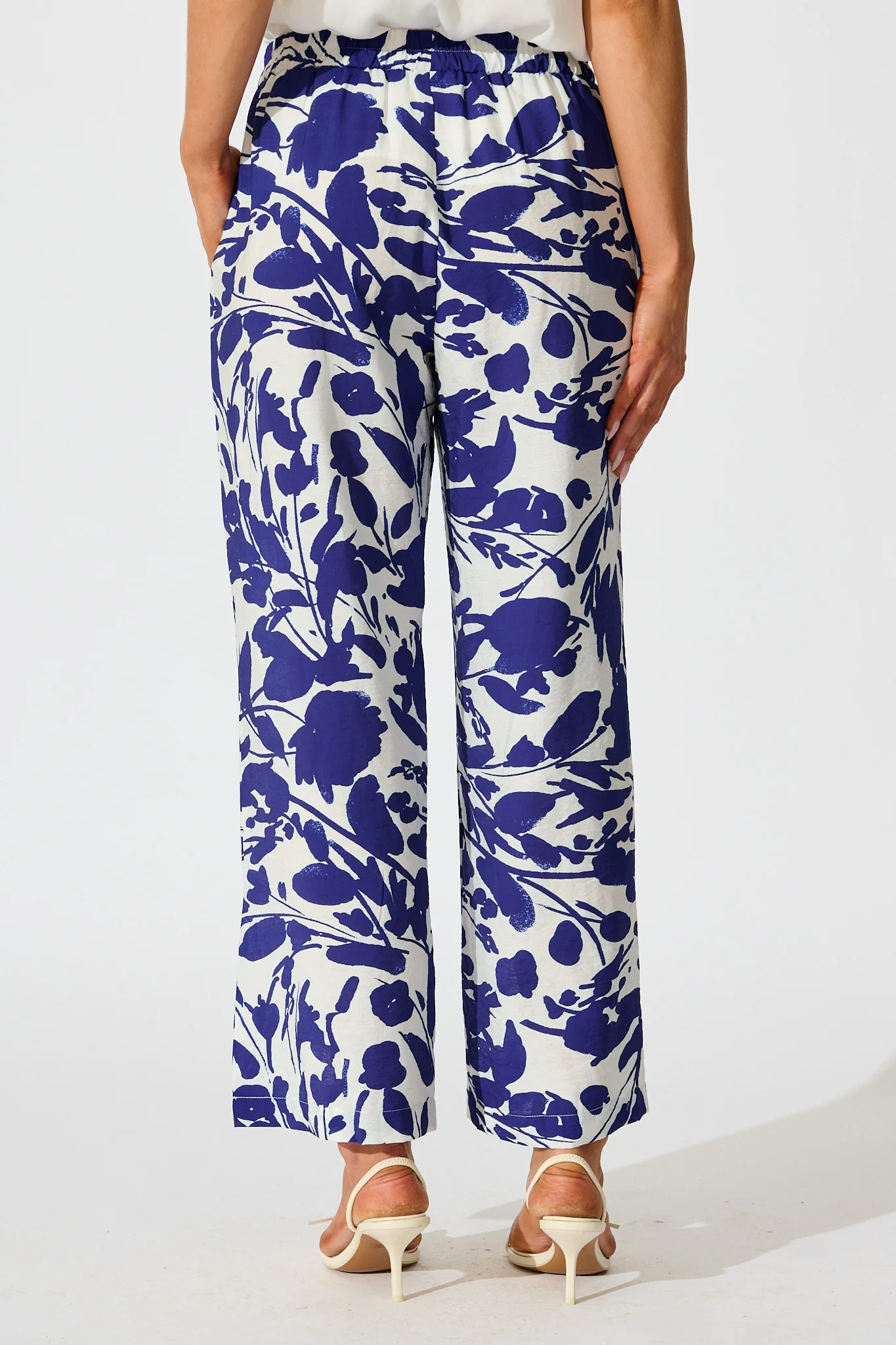 Gala Pant in White and Navy Print Linen Blend - Image 3