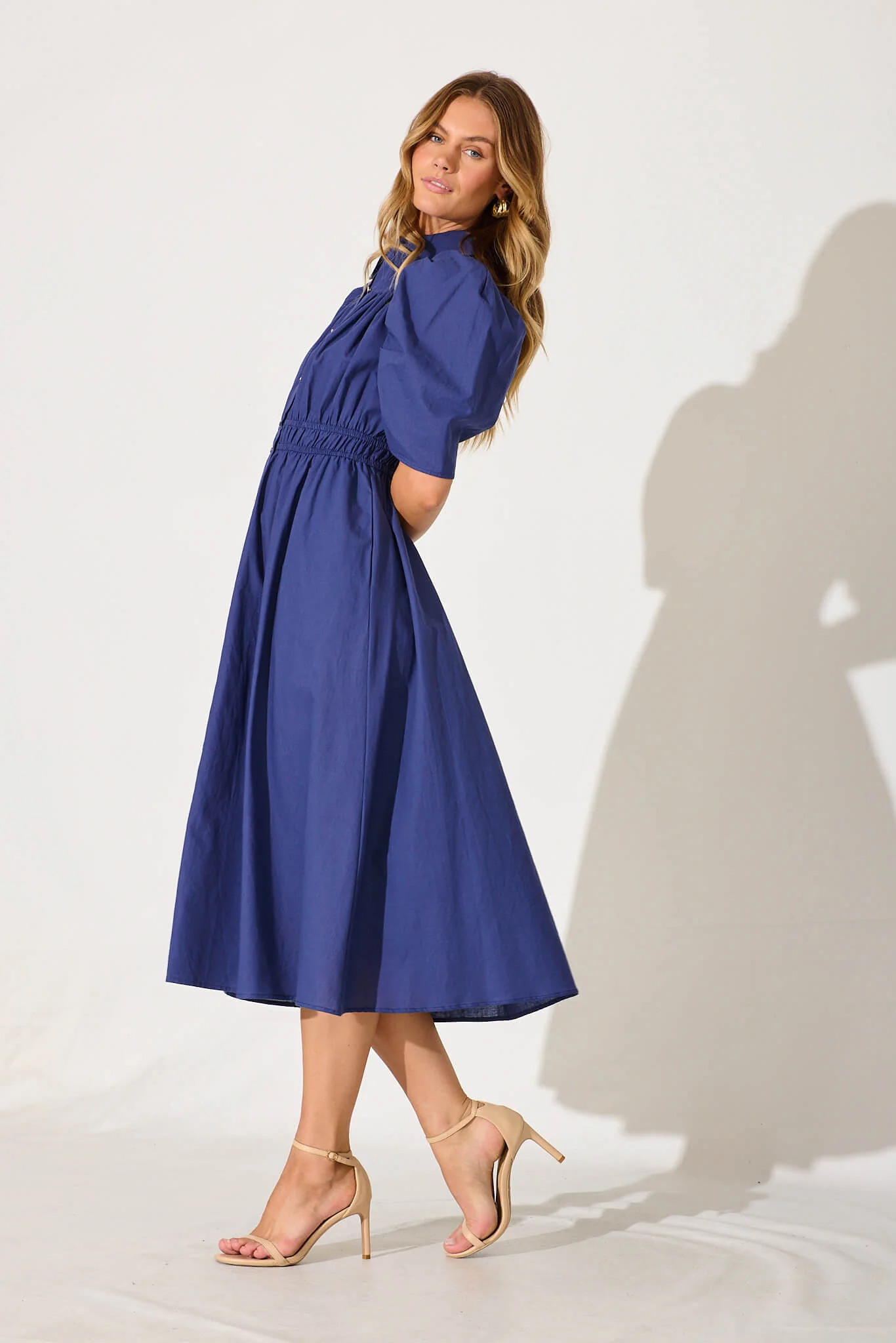 Gemini Midi Shirt Dress In Navy Cotton - Image 6