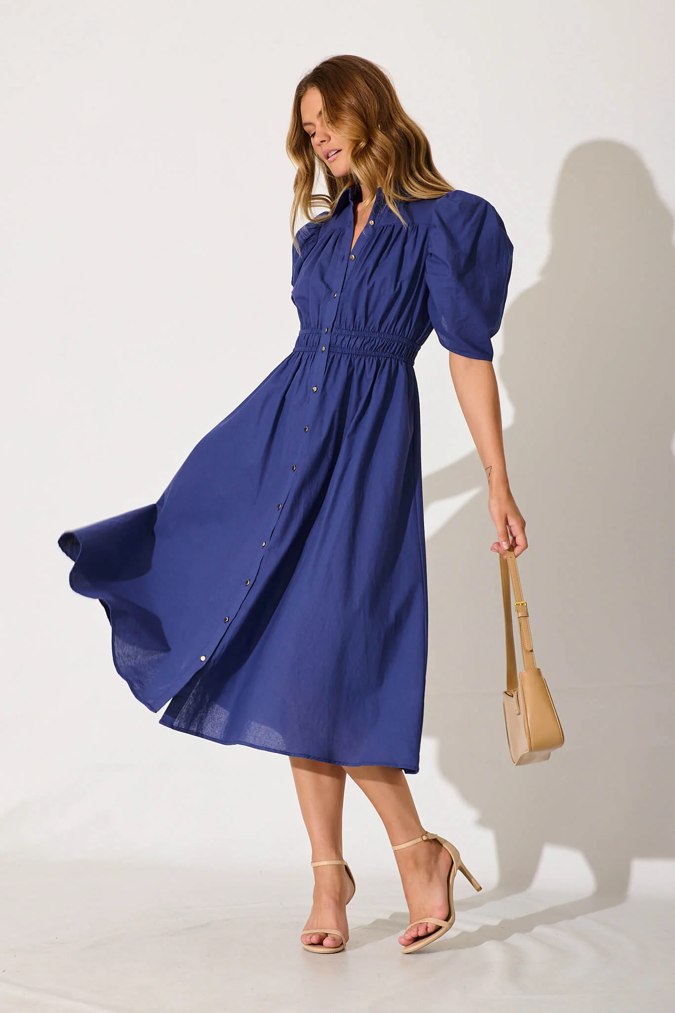 Gemini Midi Shirt Dress In Navy Cotton - Image 8