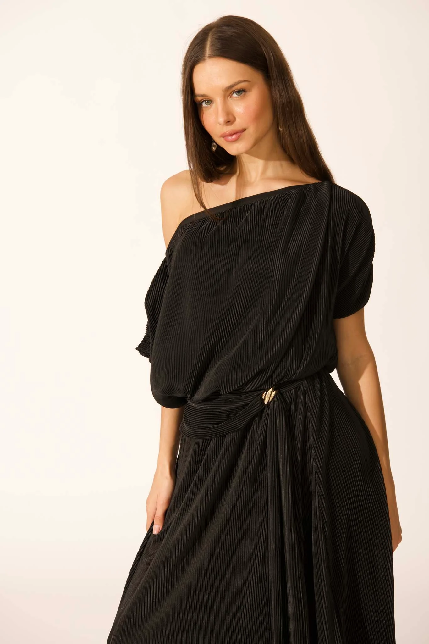 Gena Off Shoulder Maxi Dress in Black Plisse - Image 10