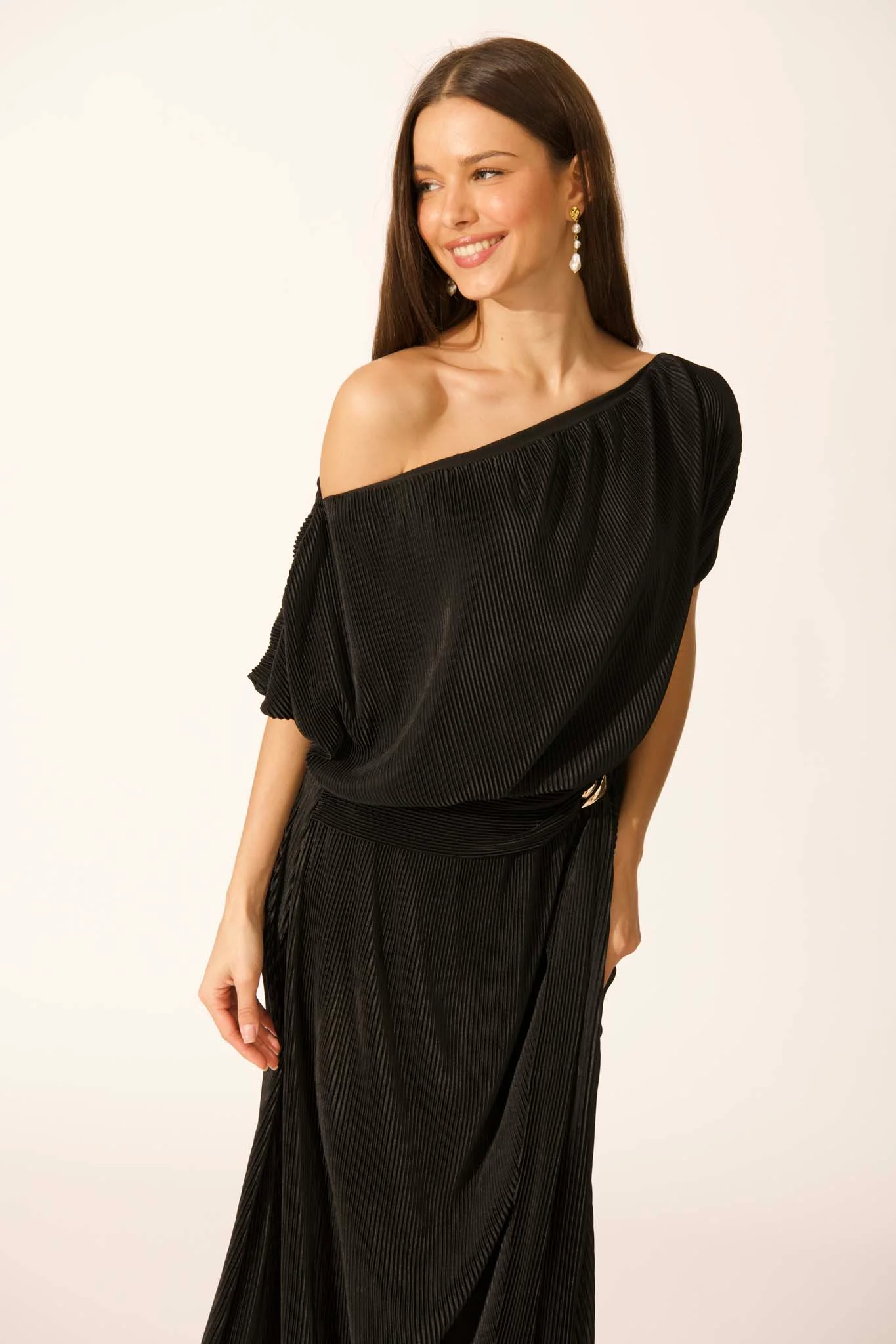 Gena Off Shoulder Maxi Dress in Black Plisse - Image 6
