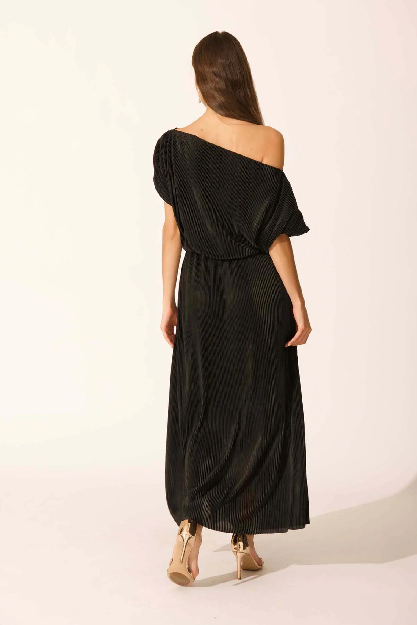 Gena Off Shoulder Maxi Dress in Black Plisse - Image 9
