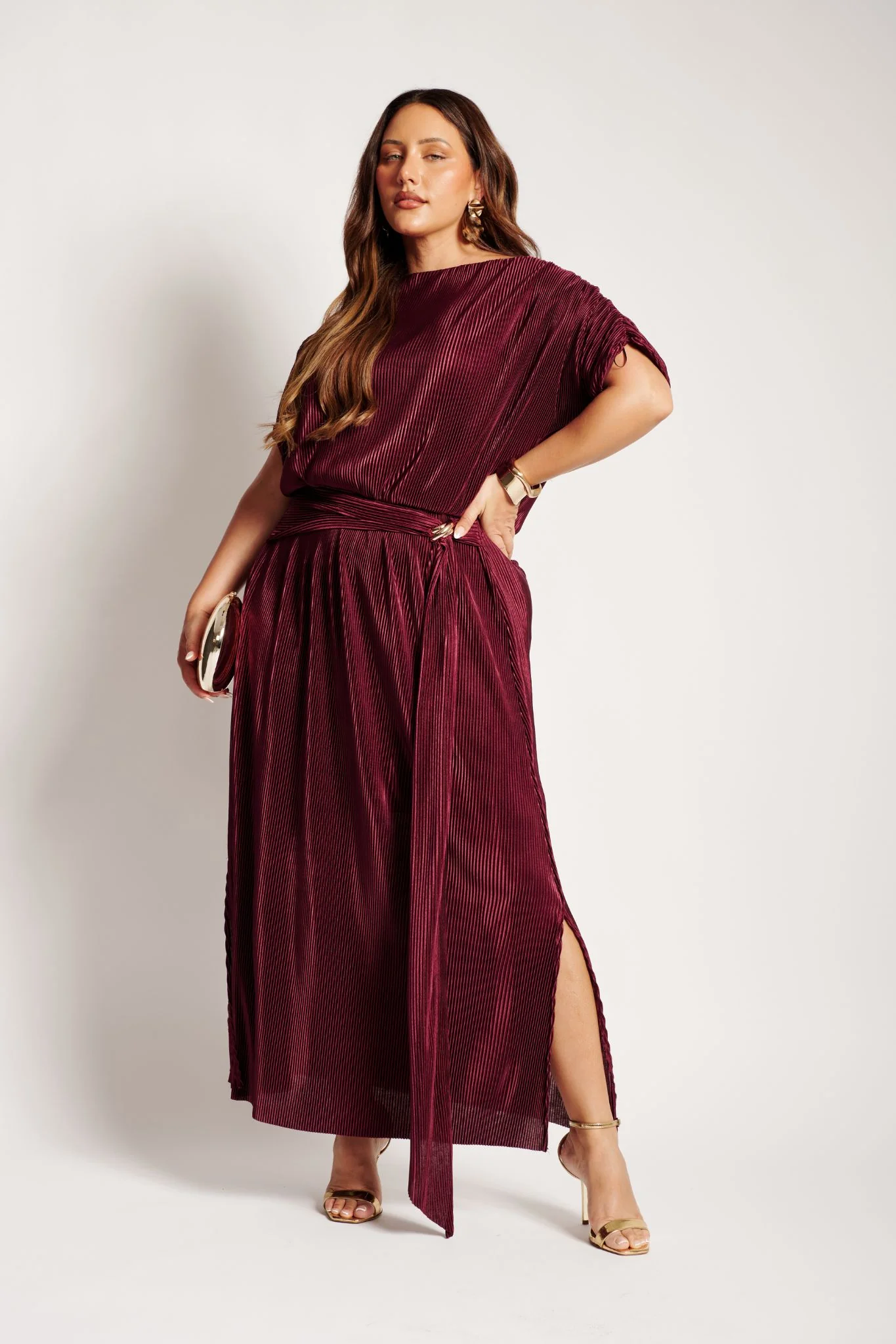 Gena Off Shoulder Maxi Dress in Wine Plisse - Image 4