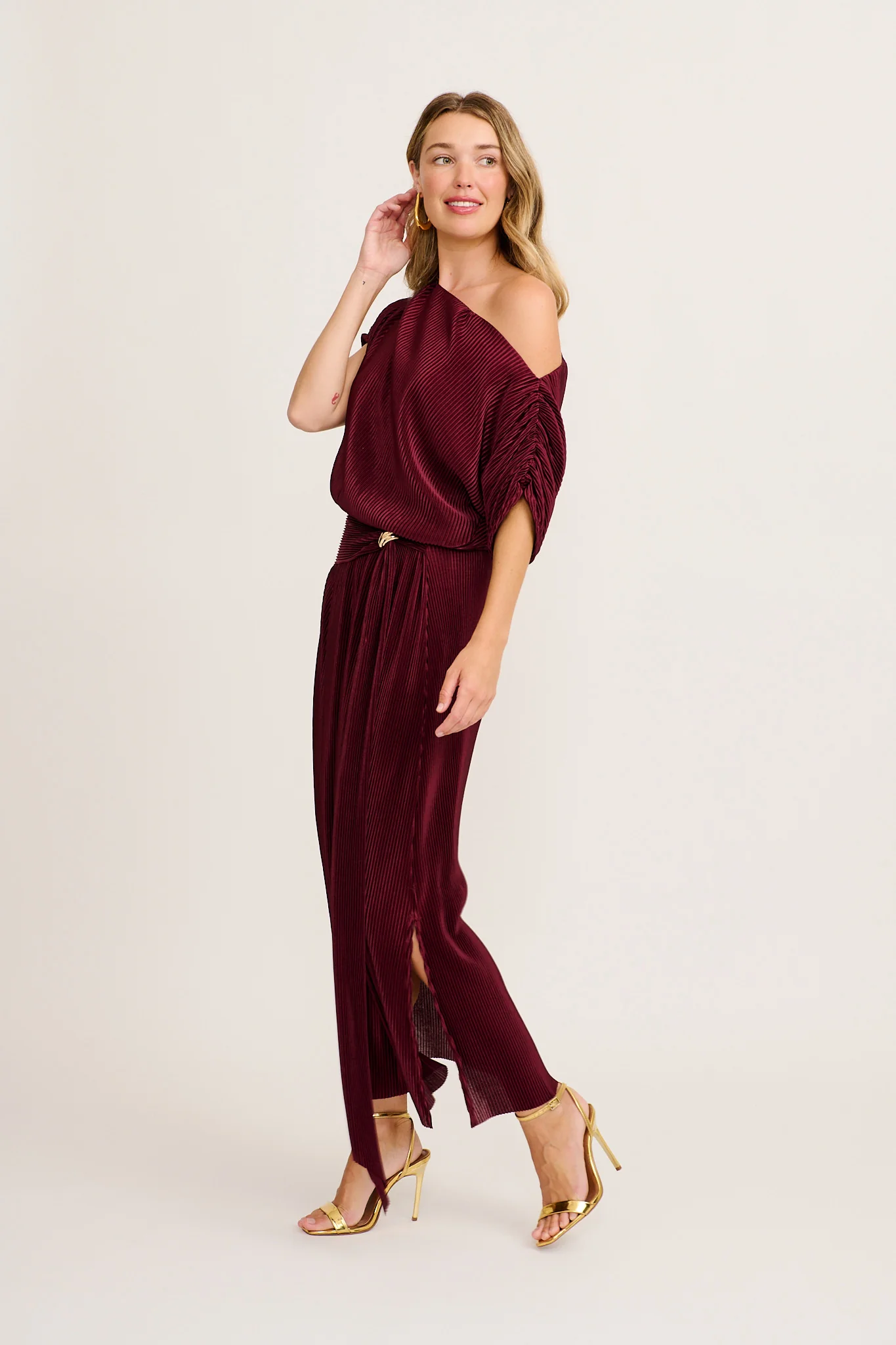Gena Off Shoulder Maxi Dress in Wine Plisse - Image 6