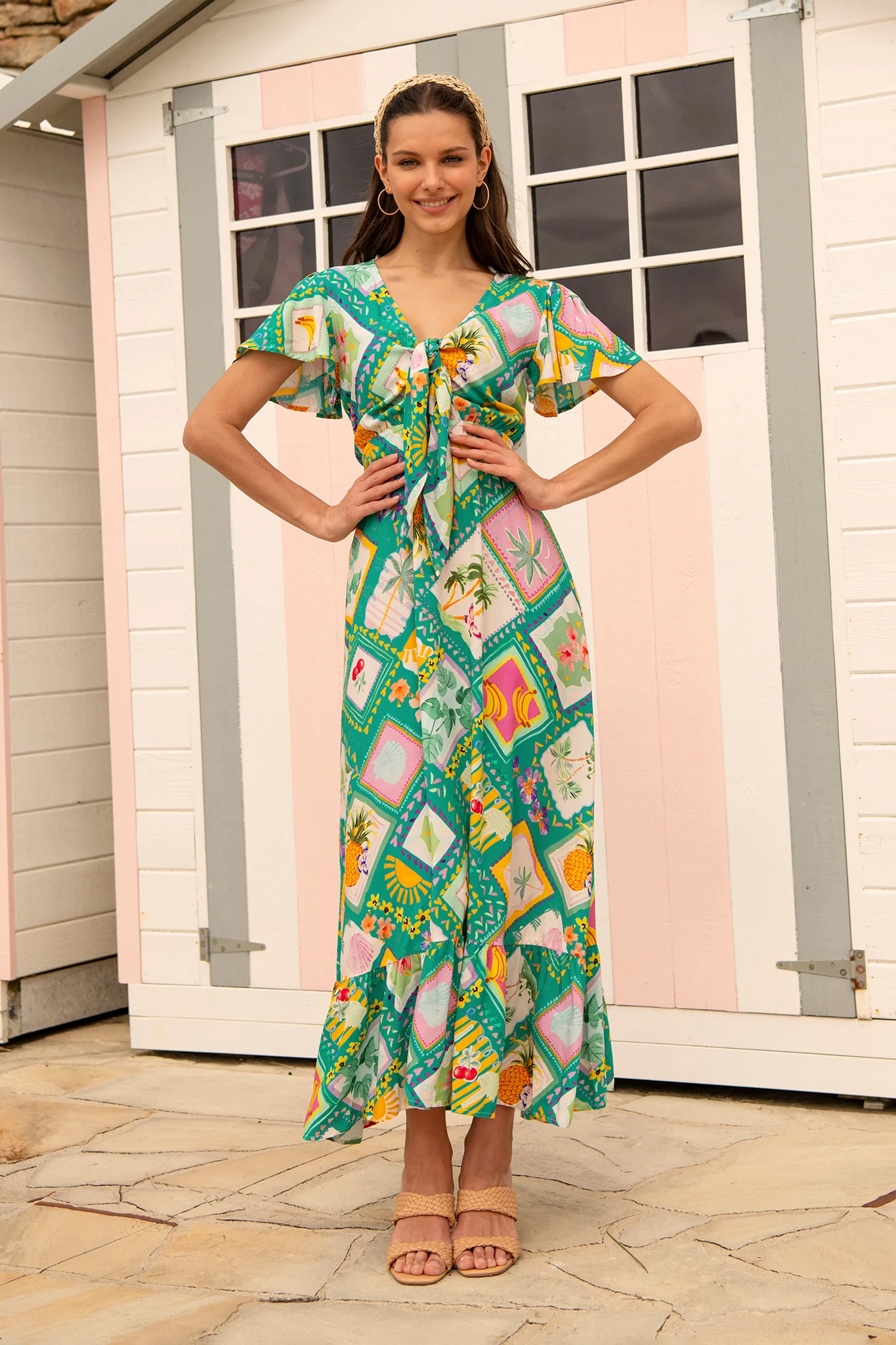 Georgina Maxi Dress In Green with Multi Tile Print - Image 4