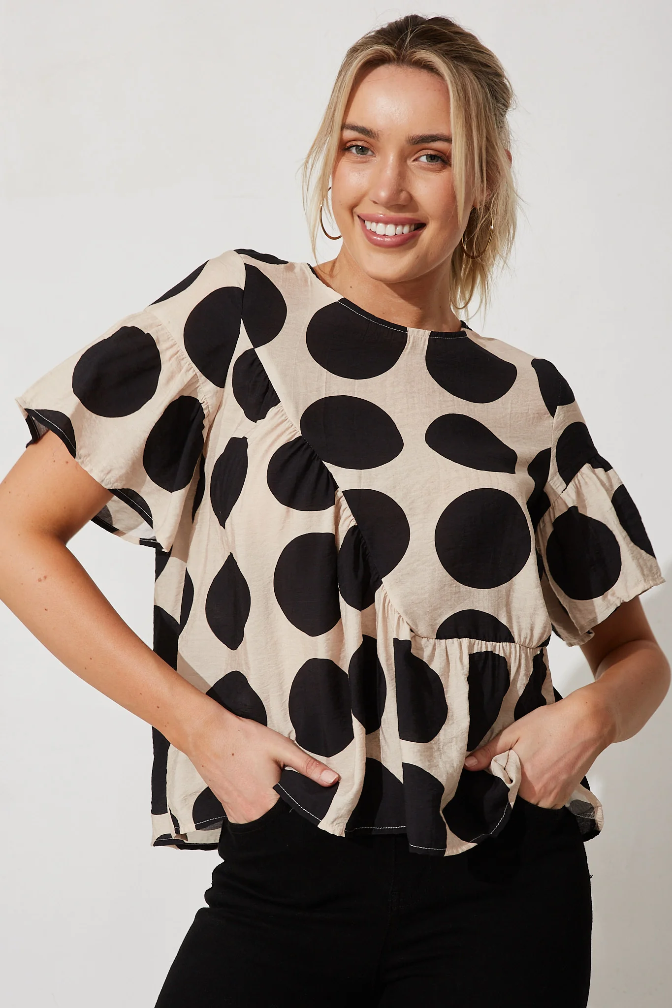 Girona Top In Beige With Black Spot Print Cotton Blend - Image 2