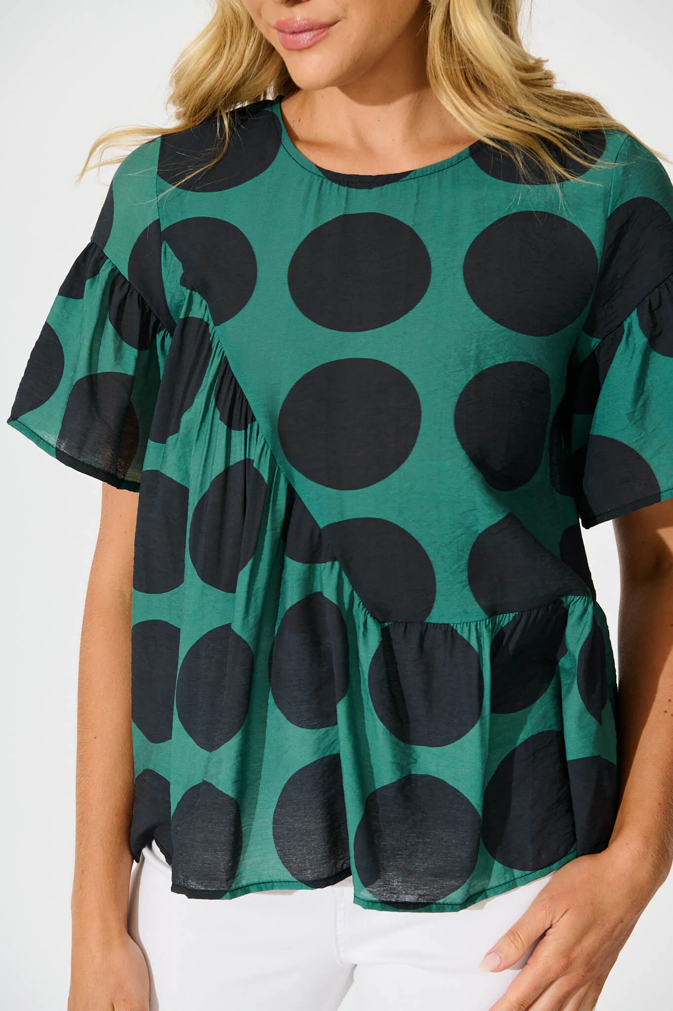 Girona Top In Emerald with Black Spot Cotton Blend - Image 5