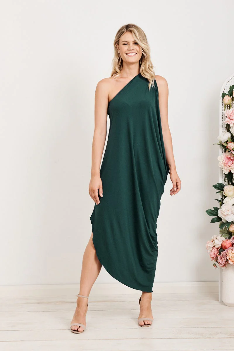 Goddess One Shoulder Maxi Dress in Emerald Green