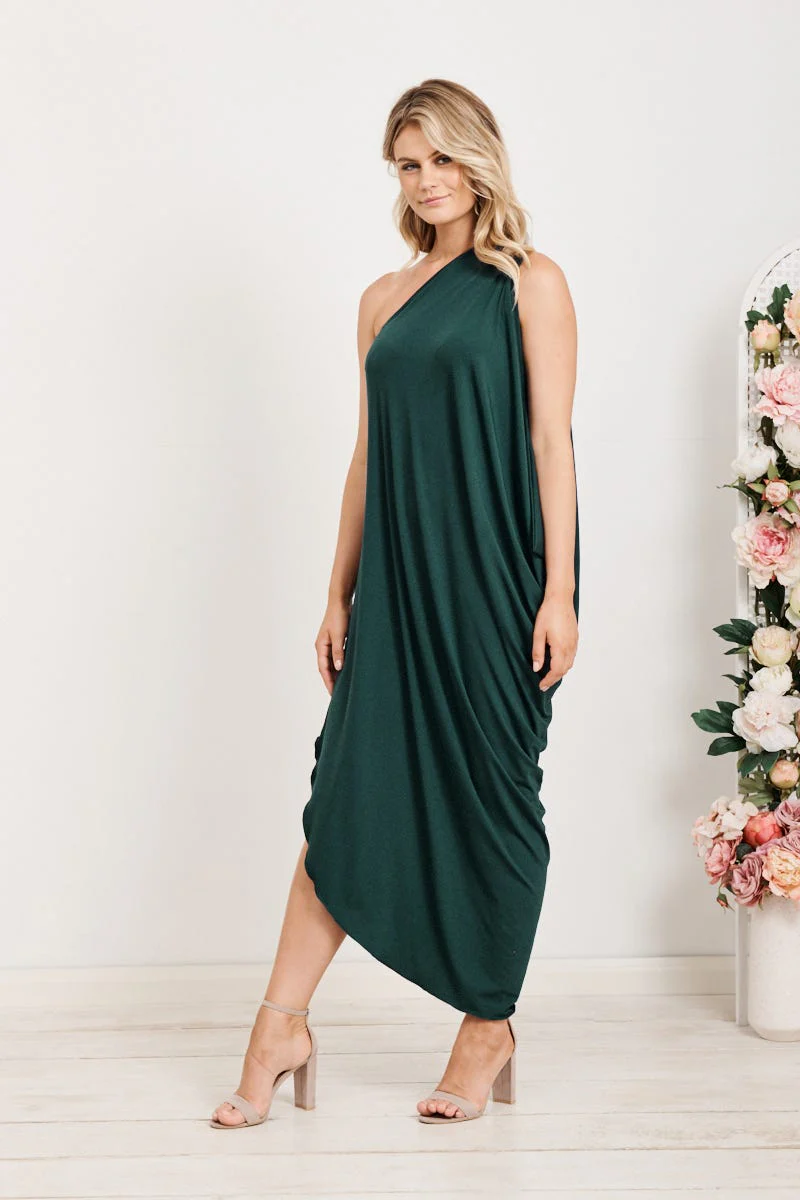 Goddess One Shoulder Maxi Dress in Emerald Green - Image 3