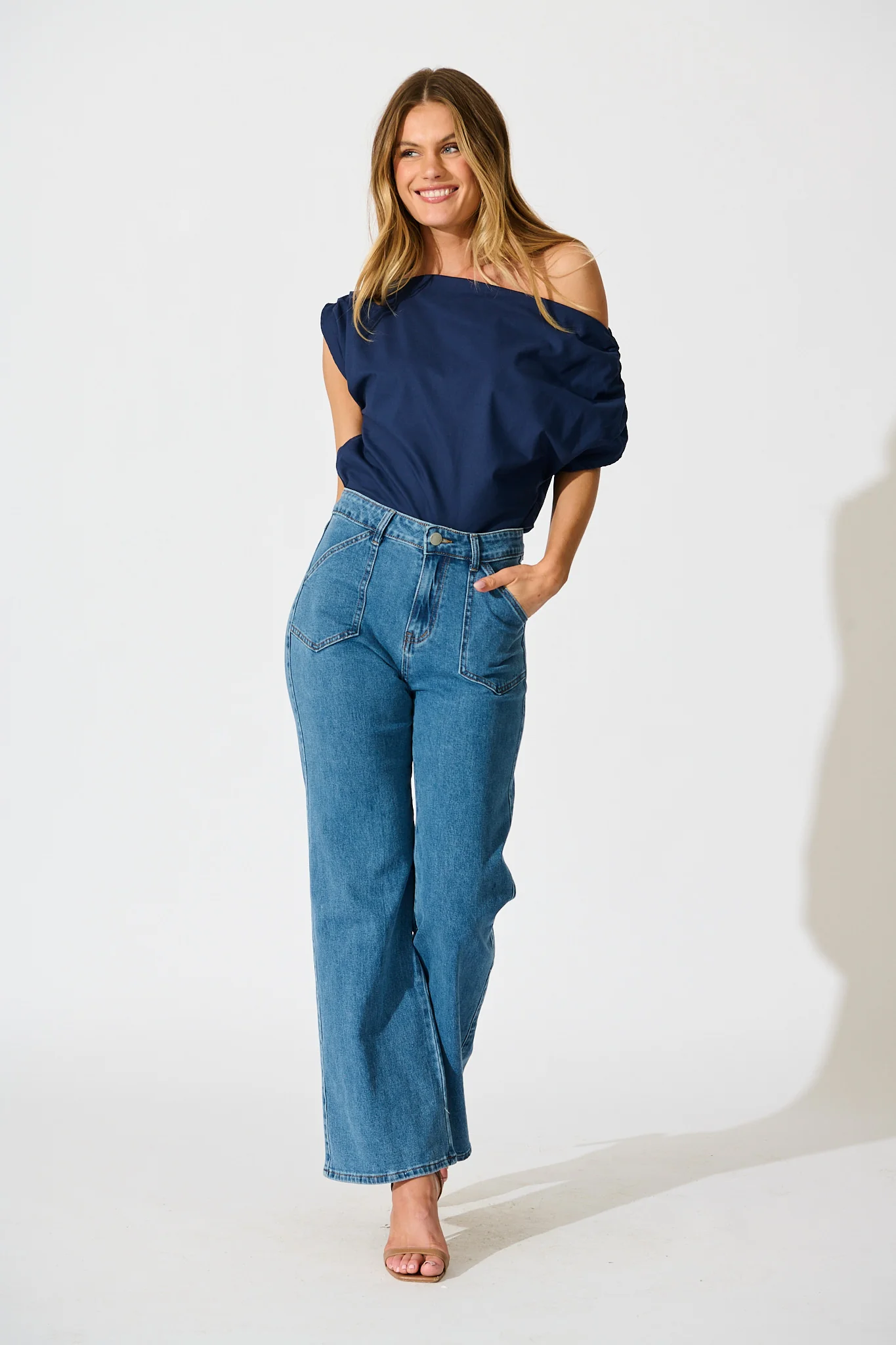 Golden Hour Off Shoulder Top in Navy Cotton - Image 2