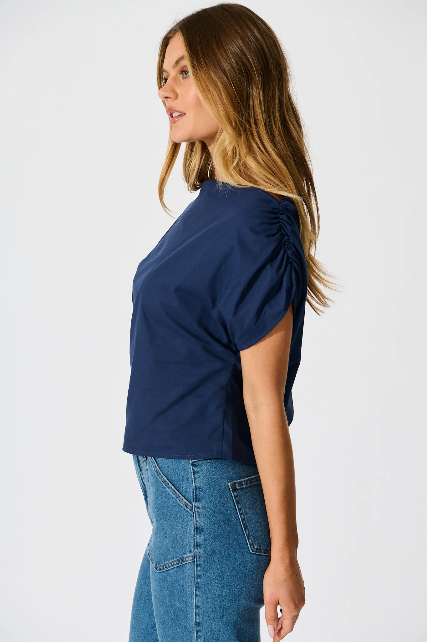 Golden Hour Off Shoulder Top in Navy Cotton - Image 3