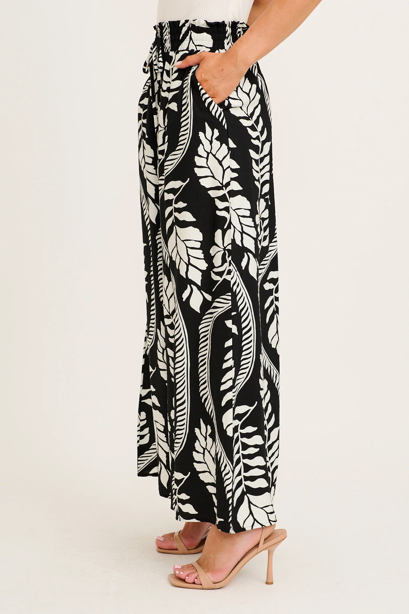 Goldie Wide Leg Pant in Black with White Leaf Print - Image 2