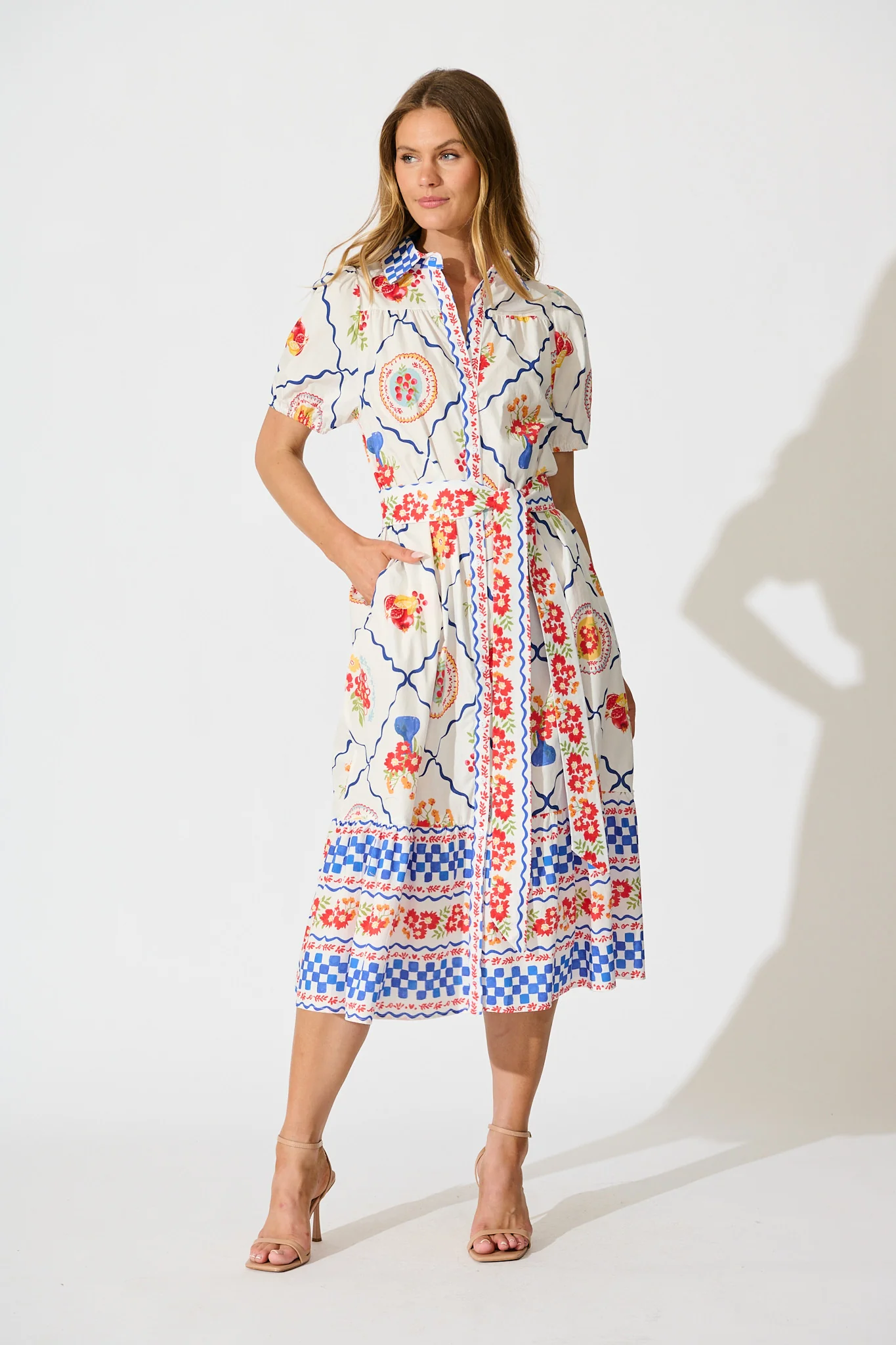 Gorgina Midi Shirt Dress in White Multi Tile Cotton