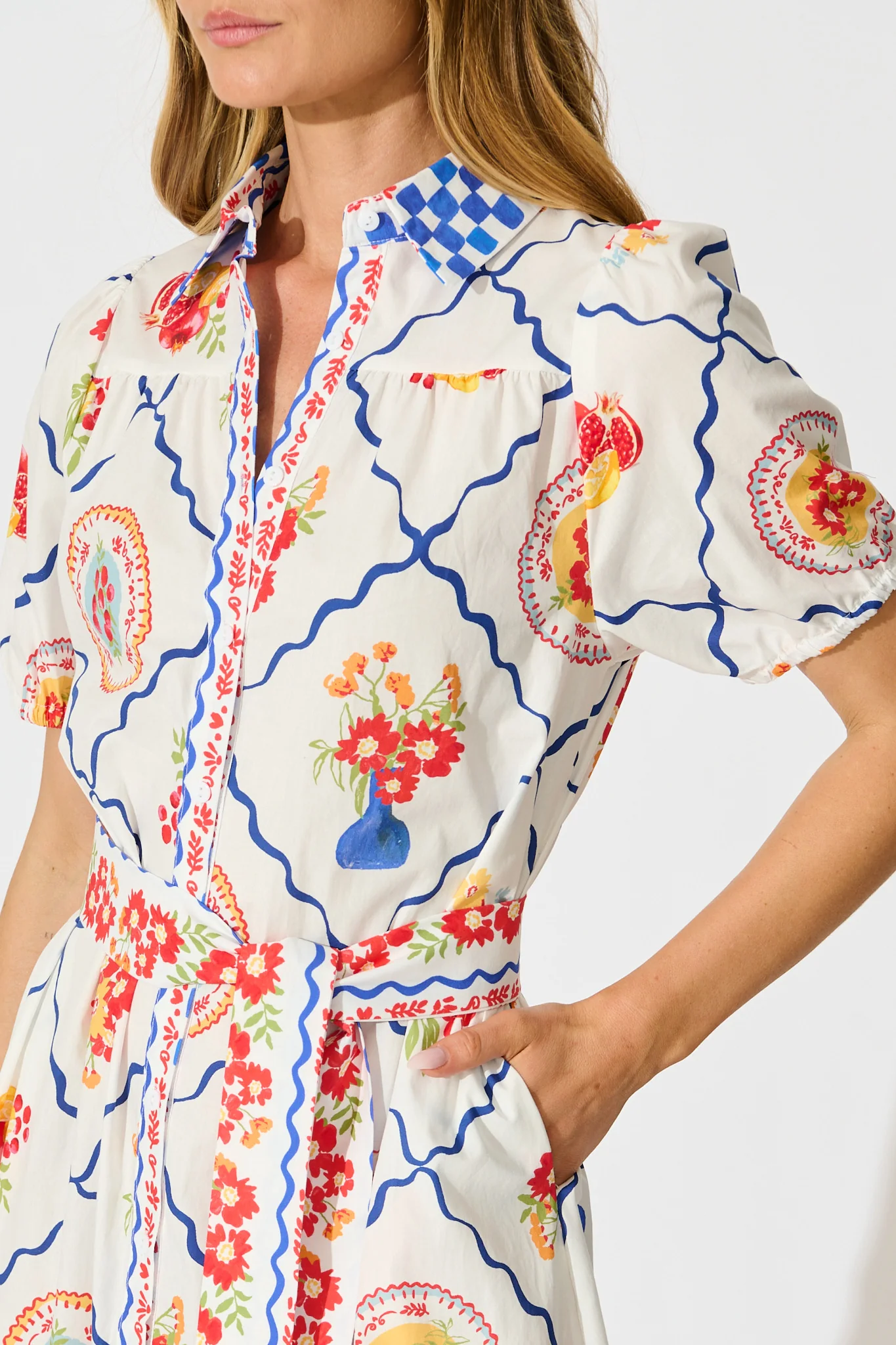 Gorgina Midi Shirt Dress in White Multi Tile Cotton - Image 5