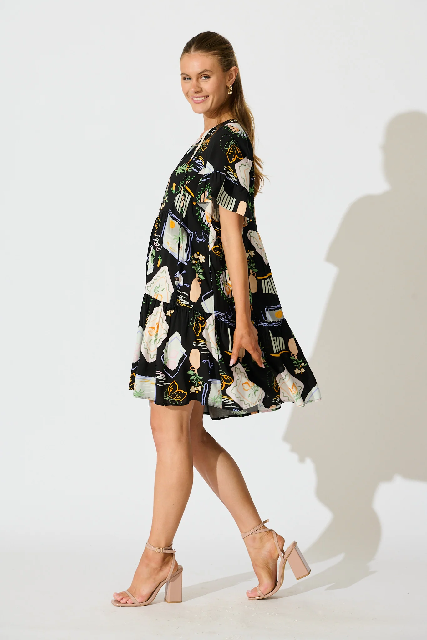 Hadara Smock Dress in Black with Multi Print - Image 3
