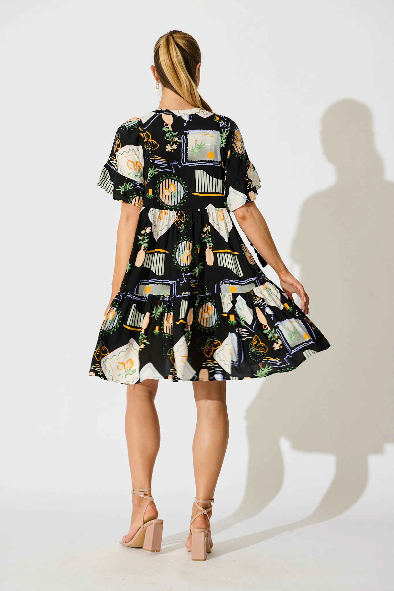 Hadara Smock Dress in Black with Multi Print - Image 4