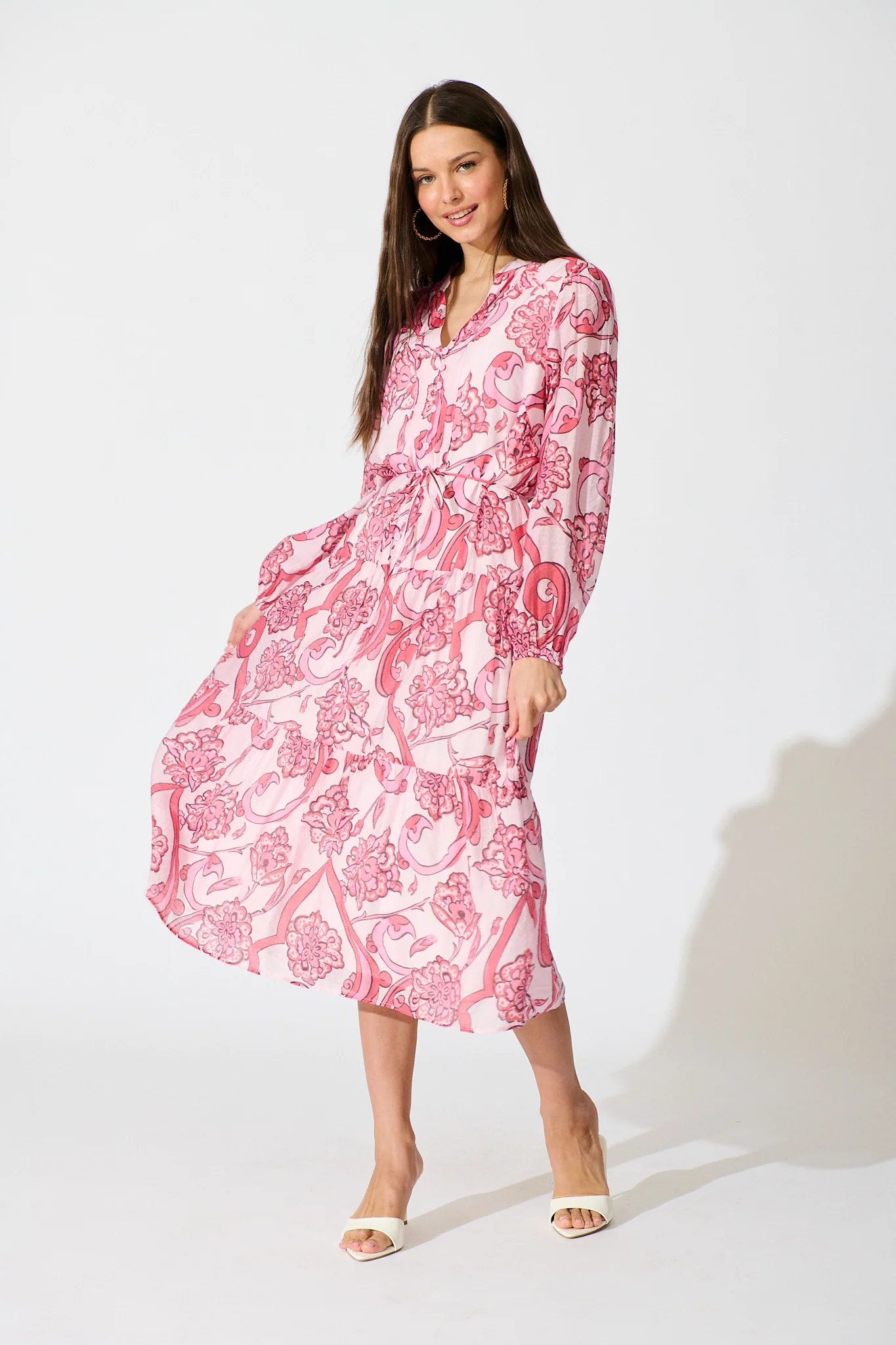 Halona Midi Dress in Pink with Paisley Print