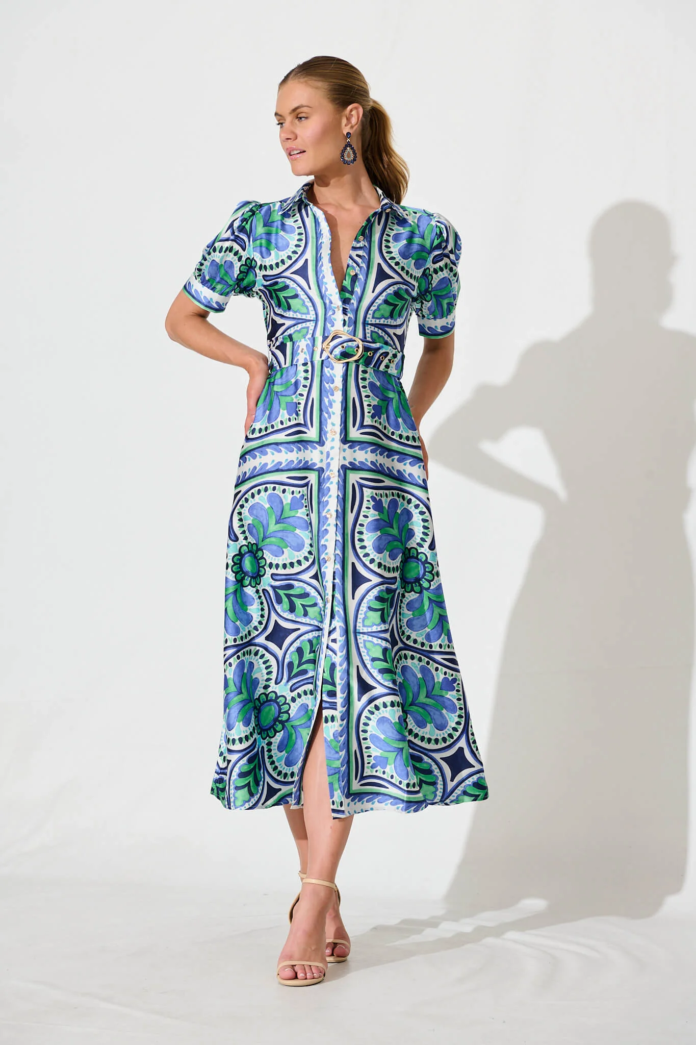 Halswell Maxi Shirt Dress In Blue And Green Tile Print - Image 2