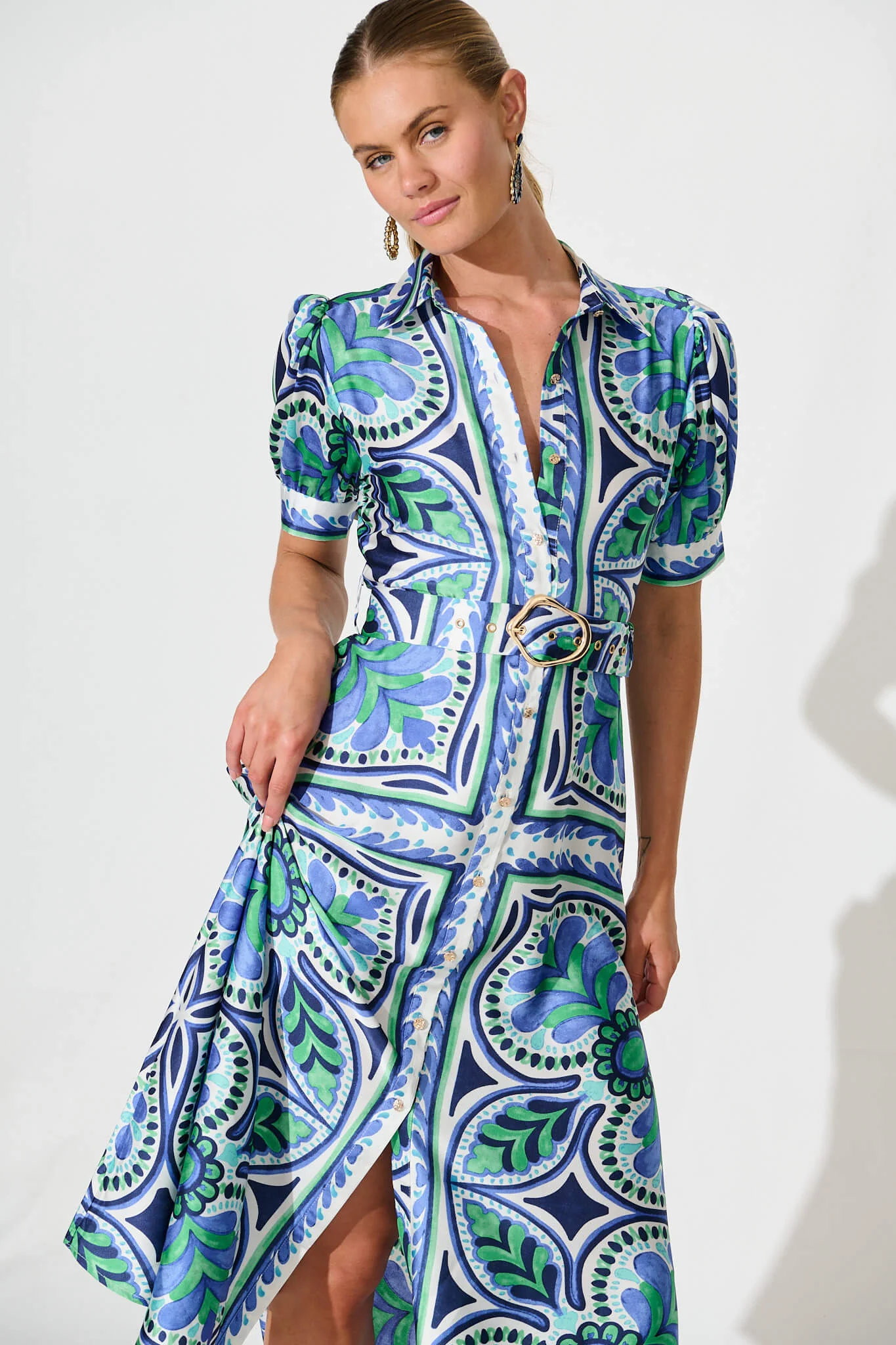 Halswell Maxi Shirt Dress In Blue And Green Tile Print - Image 5