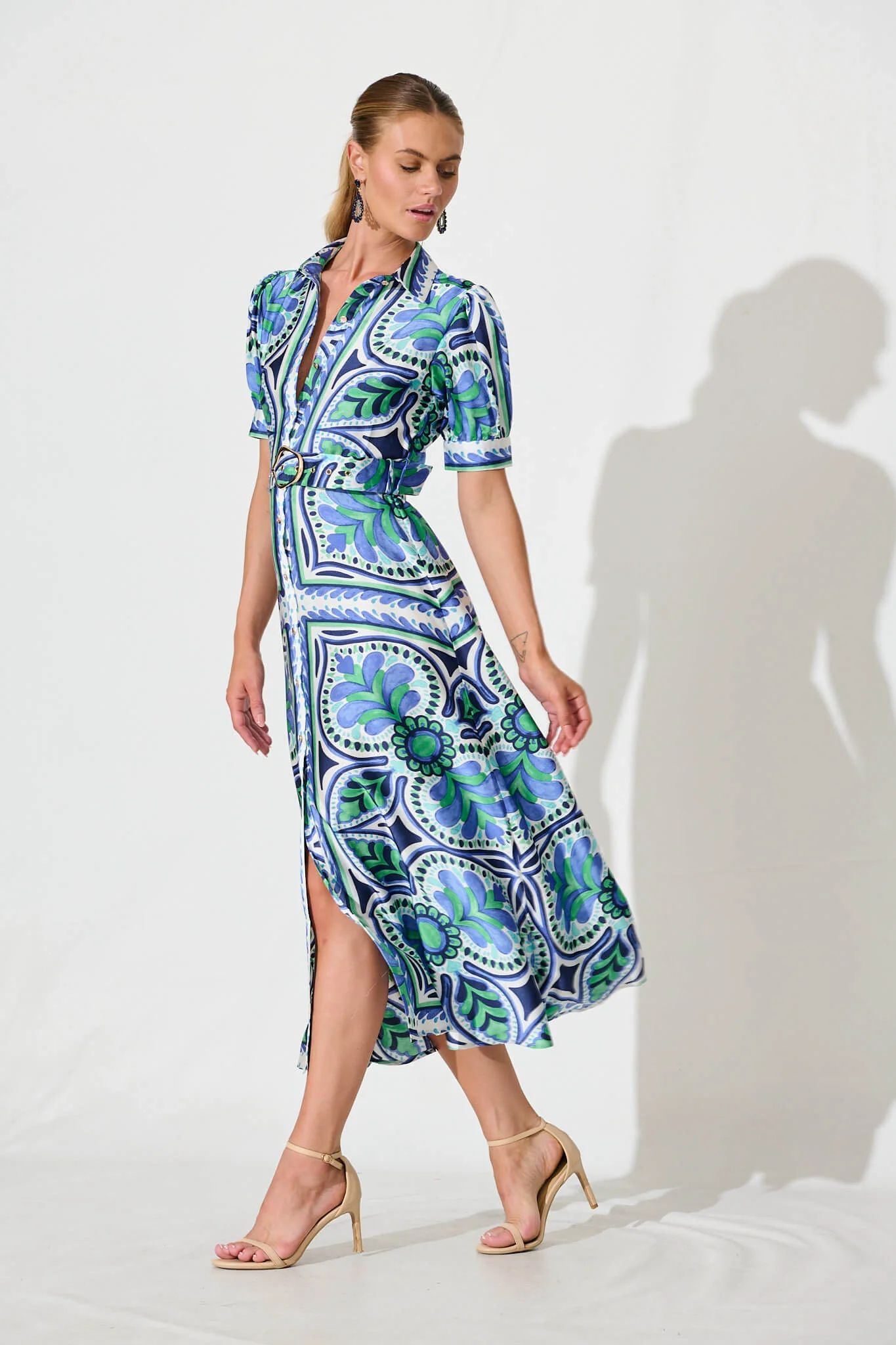 Halswell Maxi Shirt Dress In Blue And Green Tile Print - Image 6