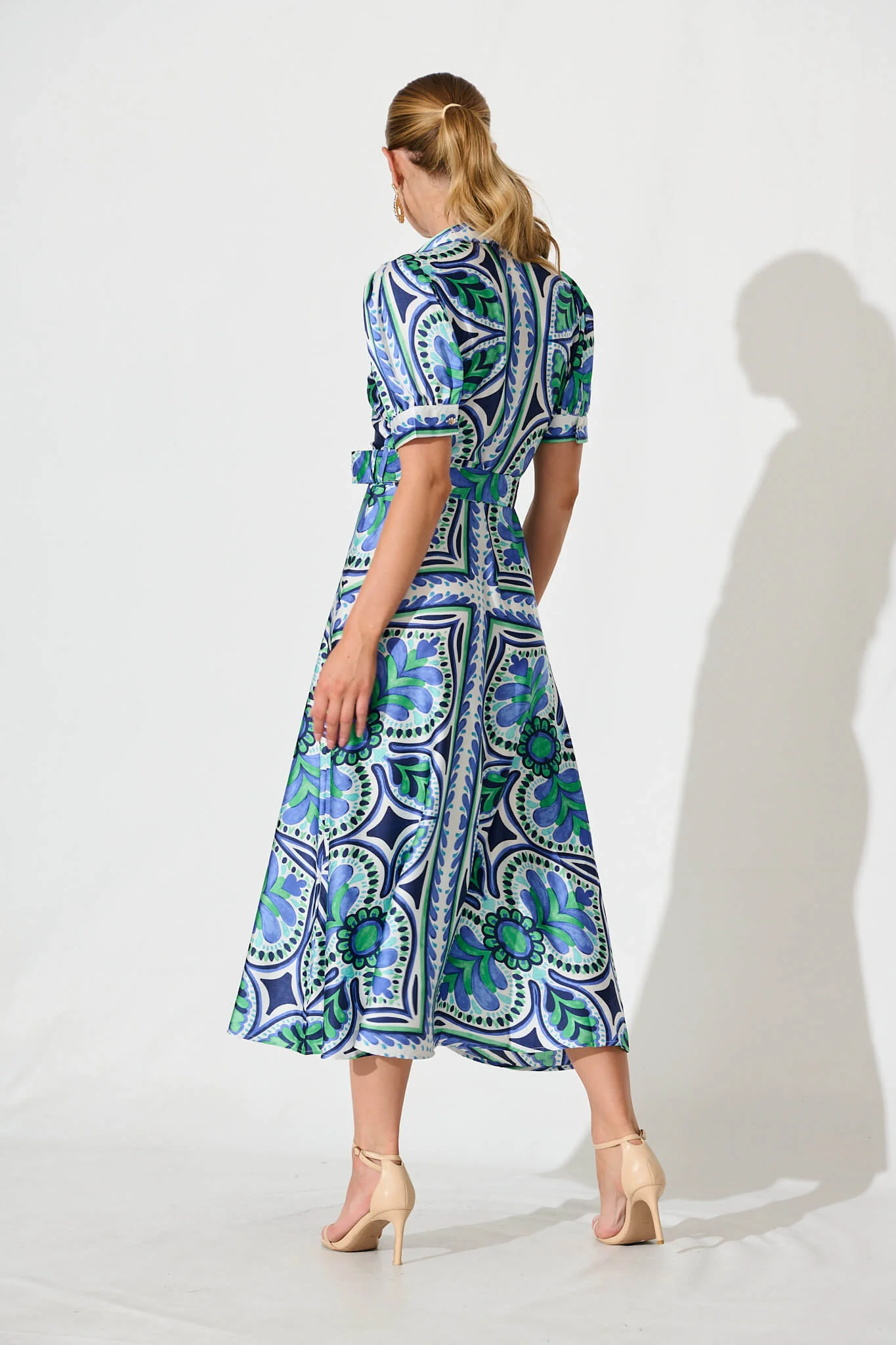 Halswell Maxi Shirt Dress In Blue And Green Tile Print - Image 7