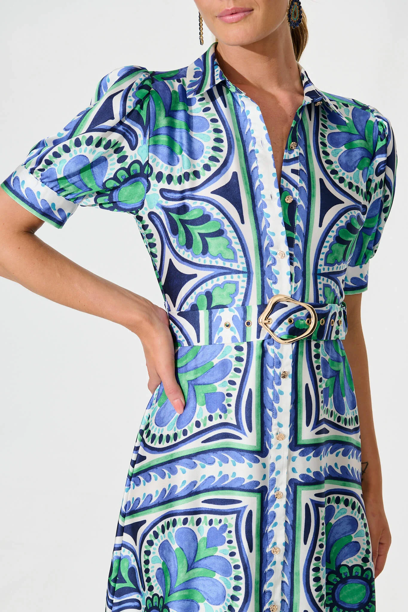Halswell Maxi Shirt Dress In Blue And Green Tile Print - Image 8