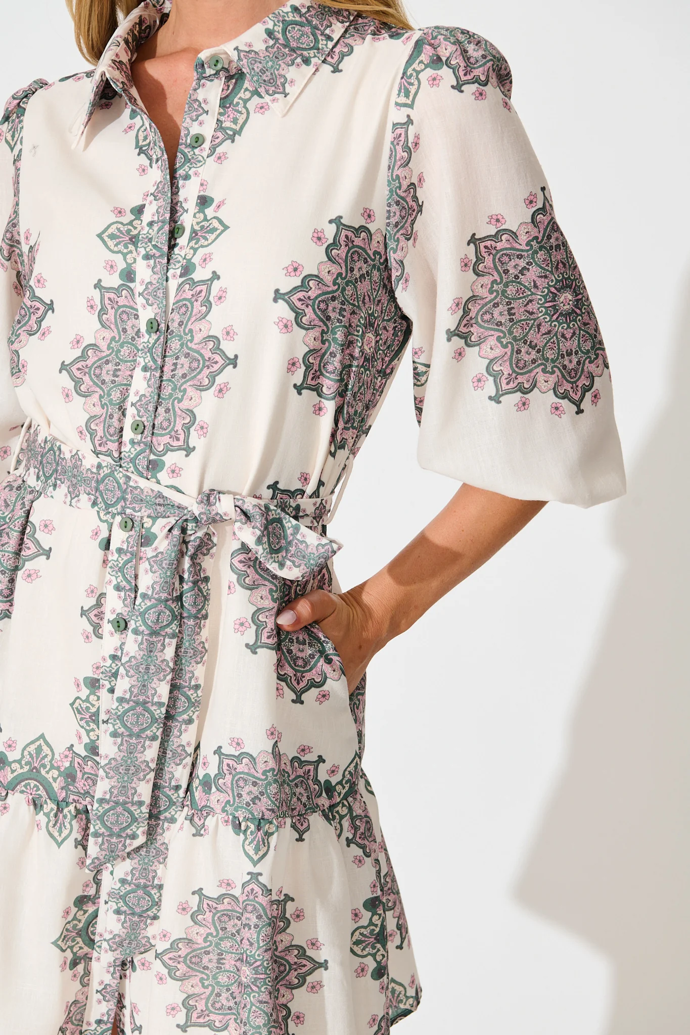 Harbour Shirt Dress in Cream with Green Multi Linen Blend - Image 5