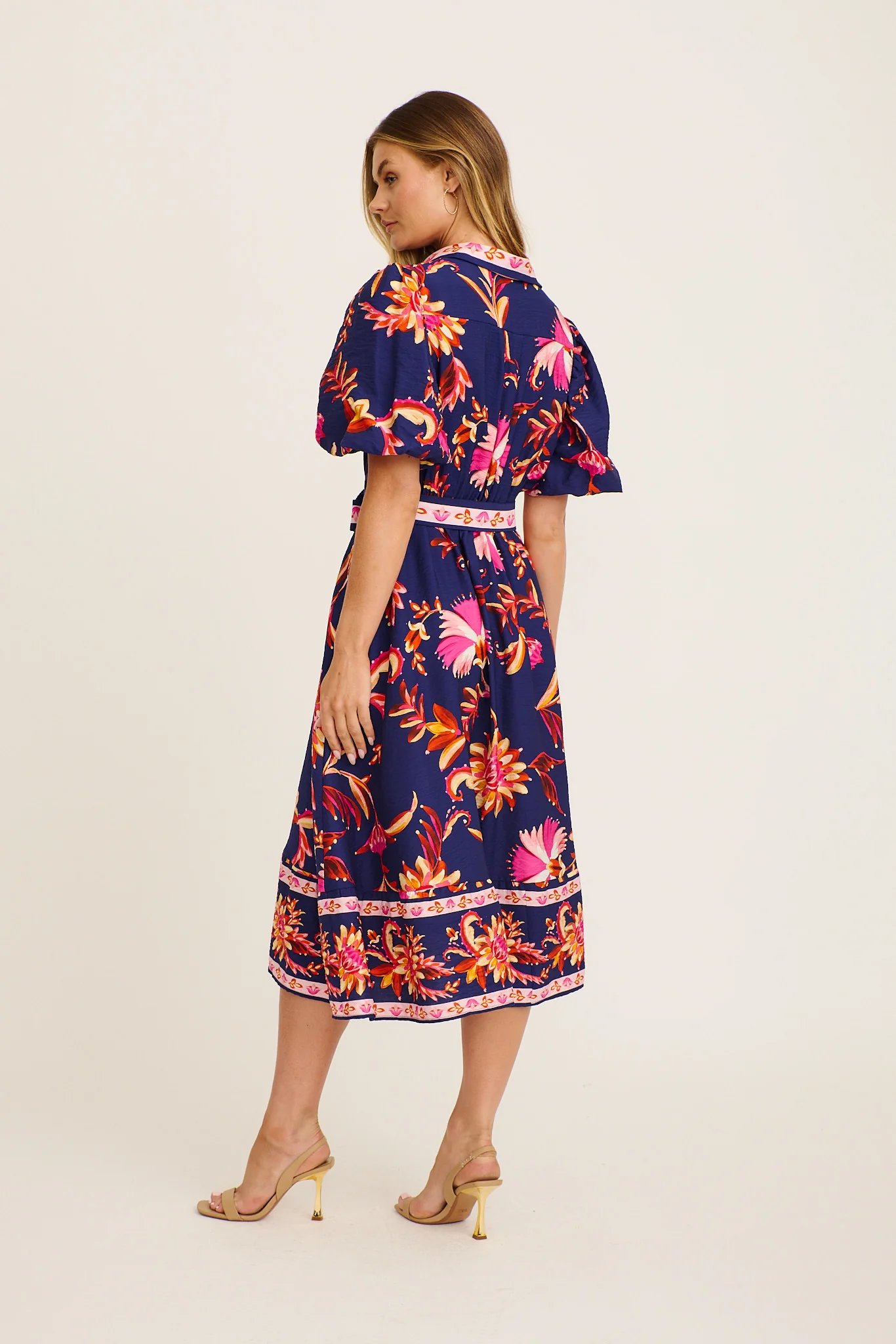 Hari Midi Shirt Dress in Navy with Pink Floral Linen Blend - Image 4