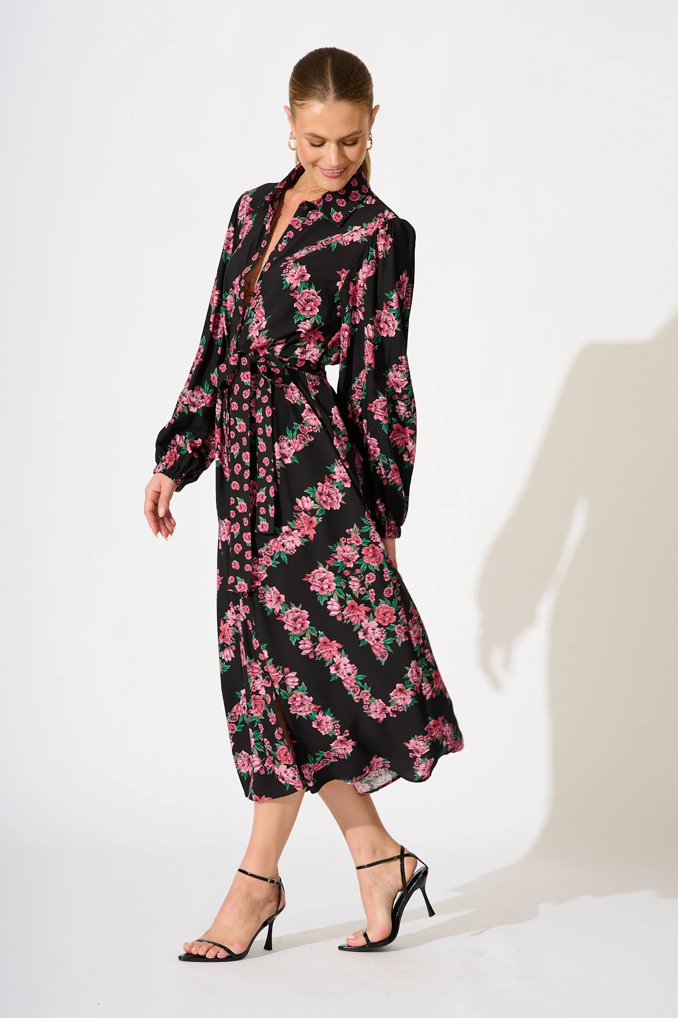 Harlee Midi Shirt Dress in Black with Pink Floral - Image 3