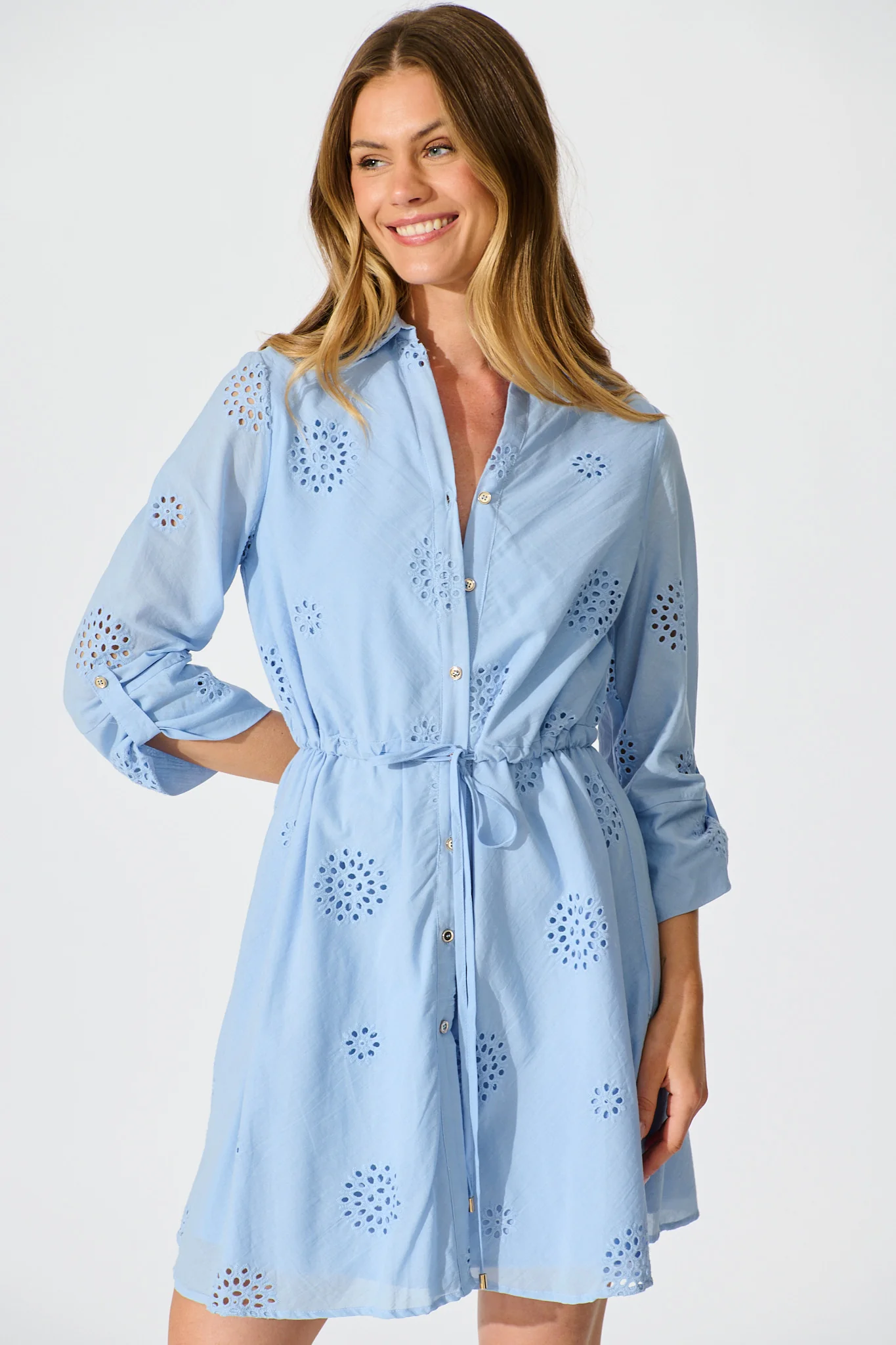 Harlie Shirt Dress in Blue Broderie Cotton - Image 2