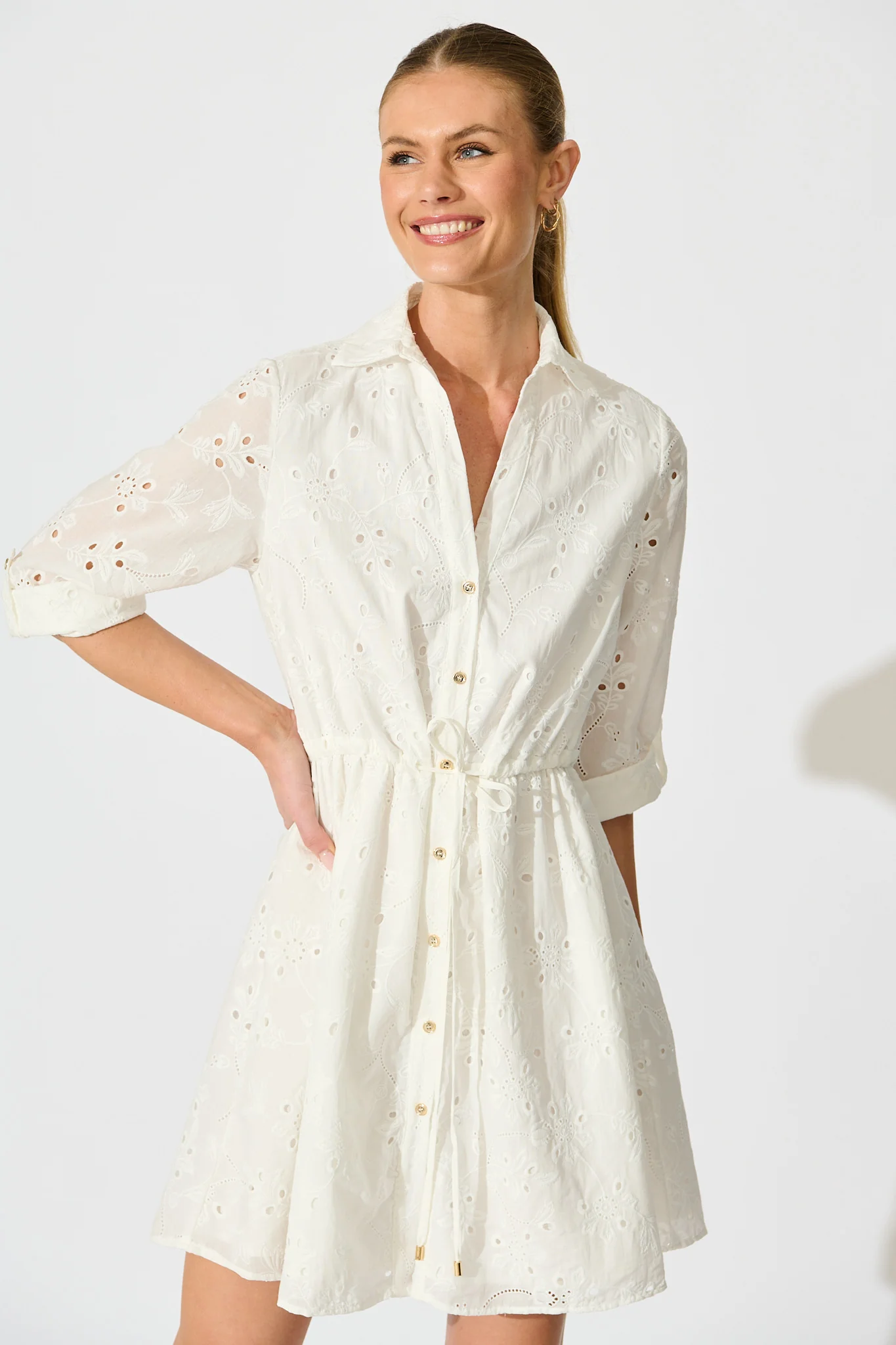 Harlie Shirt Dress in White Broderie Cotton - Image 2